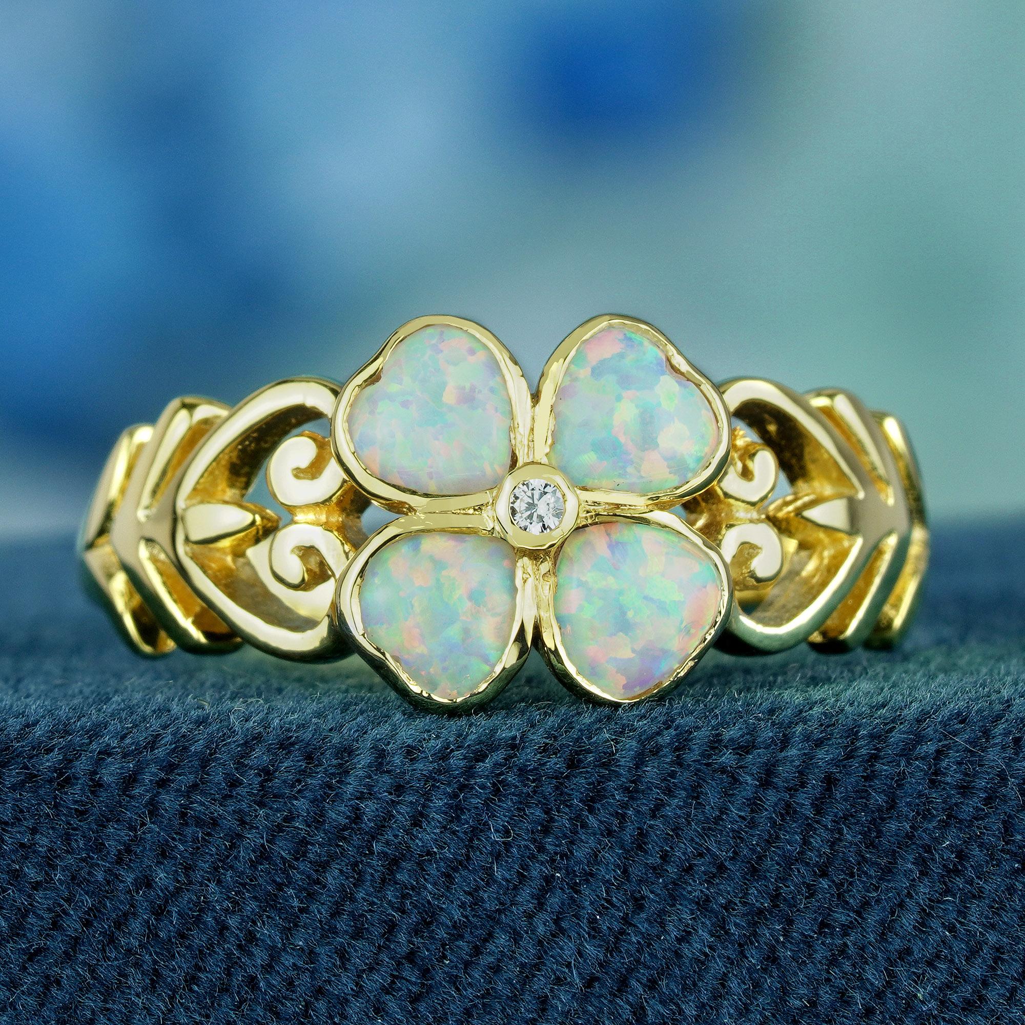 Edwardian Natural Opal Diamond Vintage Style Floral Clover Ring in Solid 9K Yellow Gold For Sale
