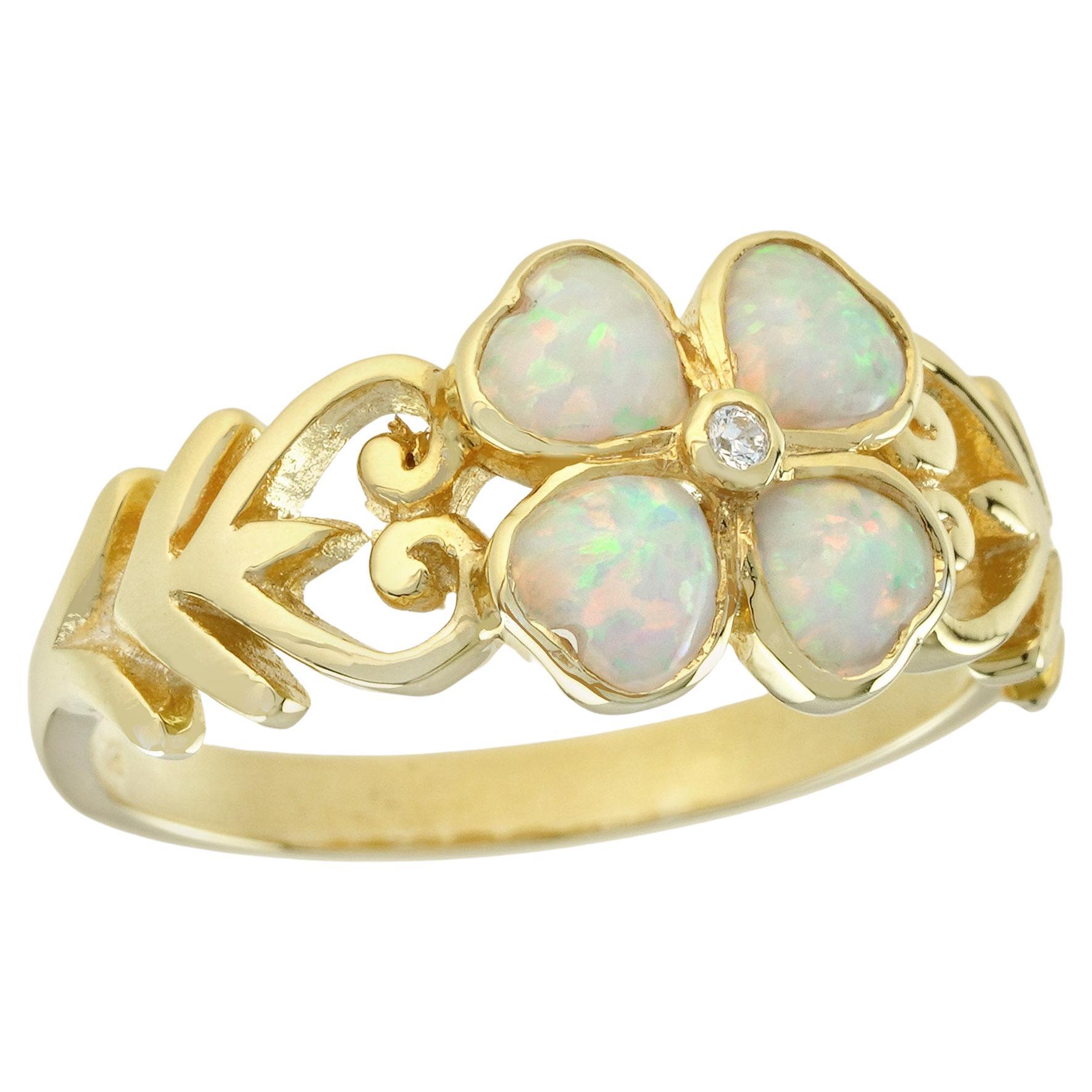 Natural Opal Diamond Vintage Style Floral Clover Ring in Solid 9K Yellow Gold For Sale