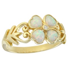 Natural Opal Diamond Vintage Style Floral Clover Ring in Solid 9K Yellow Gold