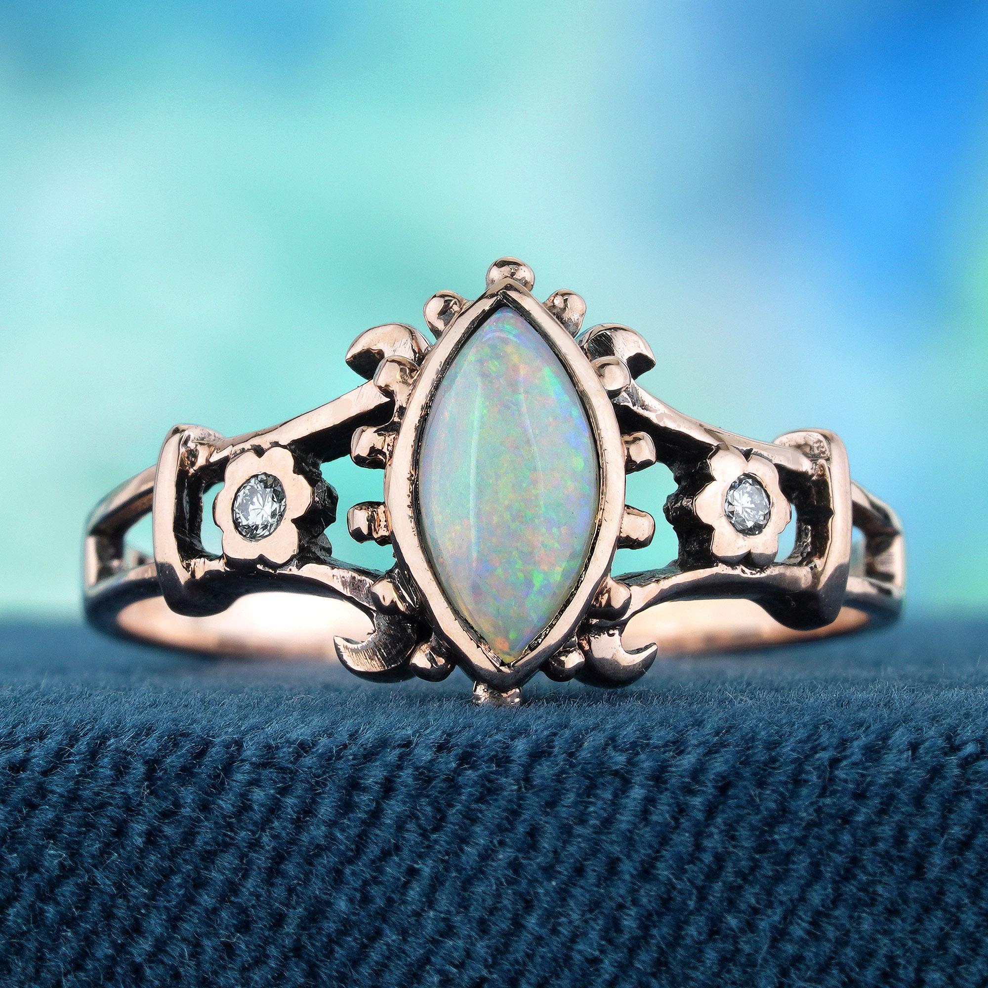 Edwardian Natural Opal Diamond Vintage Style Ring in Solid 9K Rose Gold For Sale
