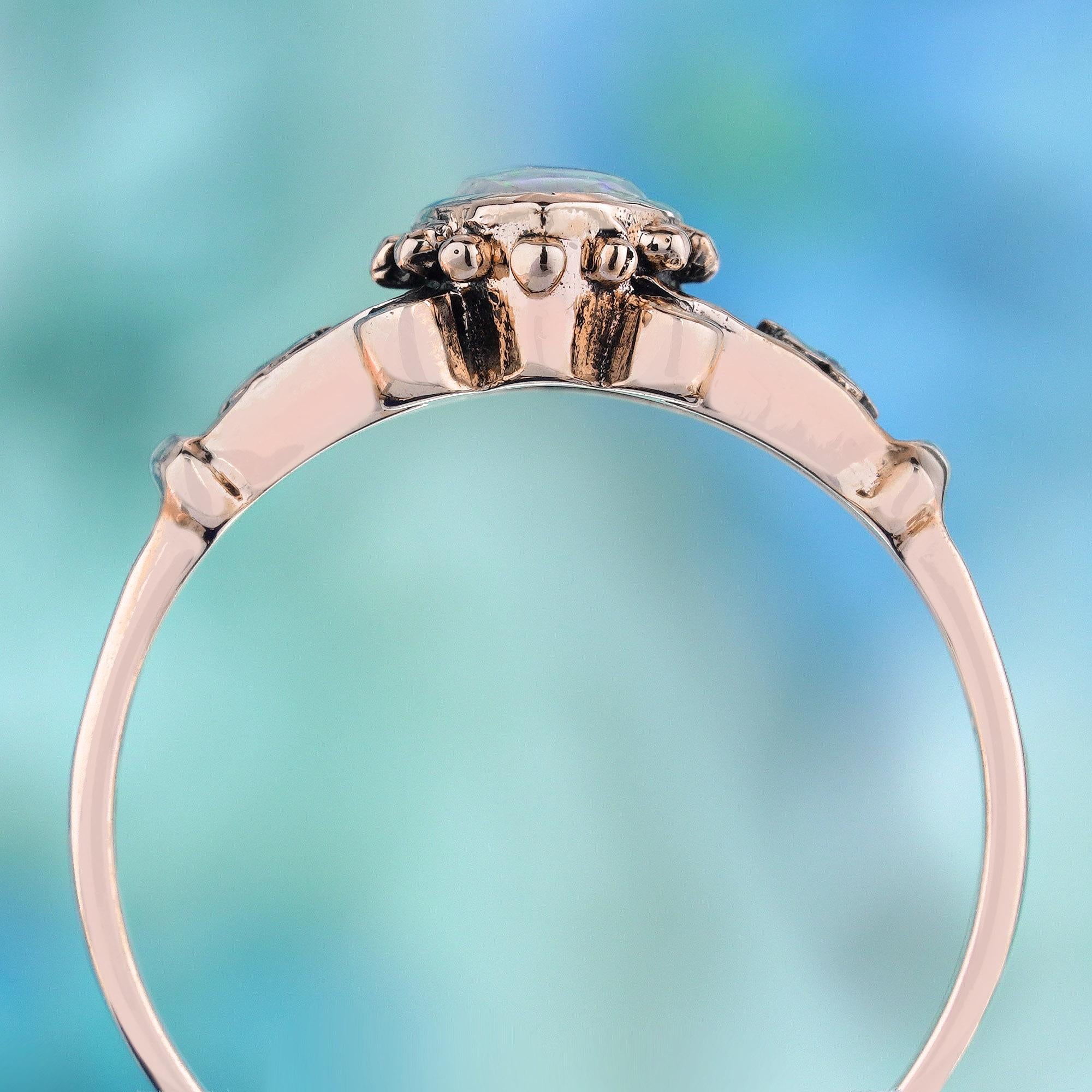 Natural Opal Diamond Vintage Style Ring in Solid 9K Rose Gold In New Condition For Sale In Bangkok, TH