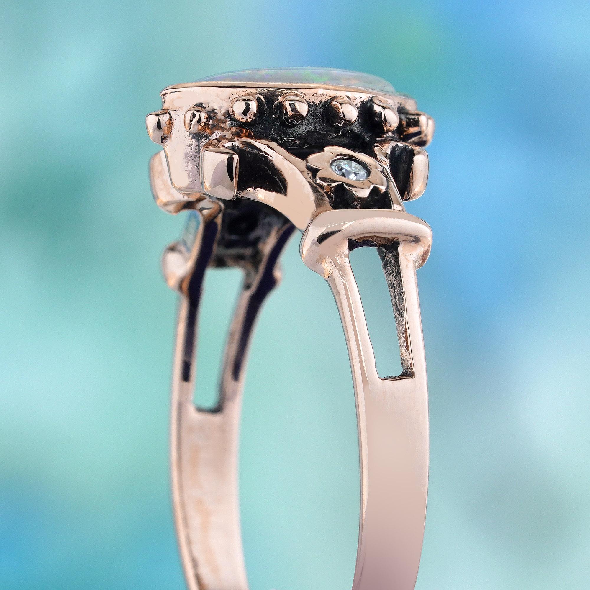 Women's Natural Opal Diamond Vintage Style Ring in Solid 9K Rose Gold For Sale