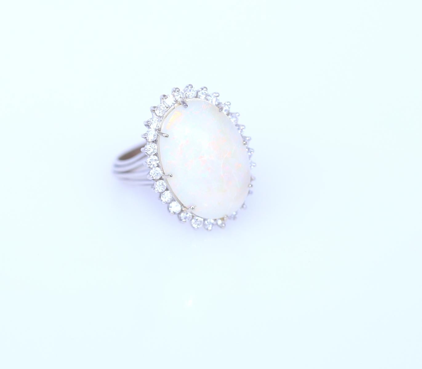 Round Cut Natural Opal Diamonds Ring 14K White Gold, 1950