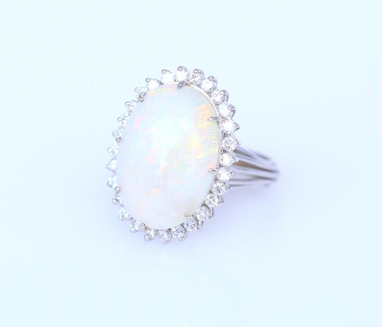 Natural Opal Diamonds Ring 14K White Gold, 1950 In Good Condition For Sale In Herzelia, Tel Aviv