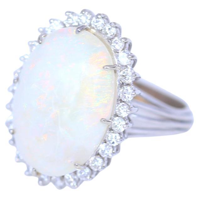 Natural Opal Diamonds Ring 14K White Gold, 1950