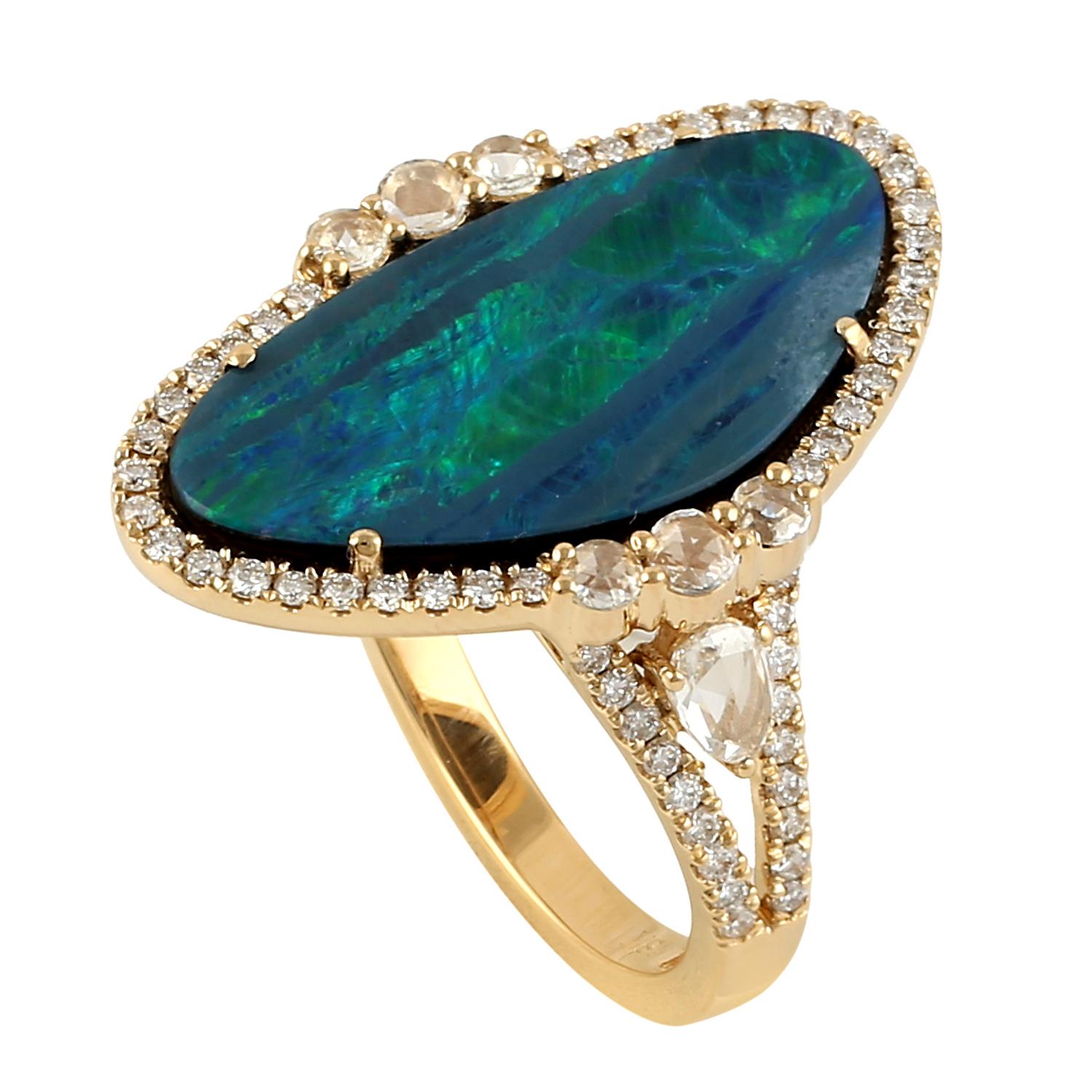 Modern Opal & Diamond Ring With Rose Cut Diamond On Side Made in 18k Yellow Gold For Sale