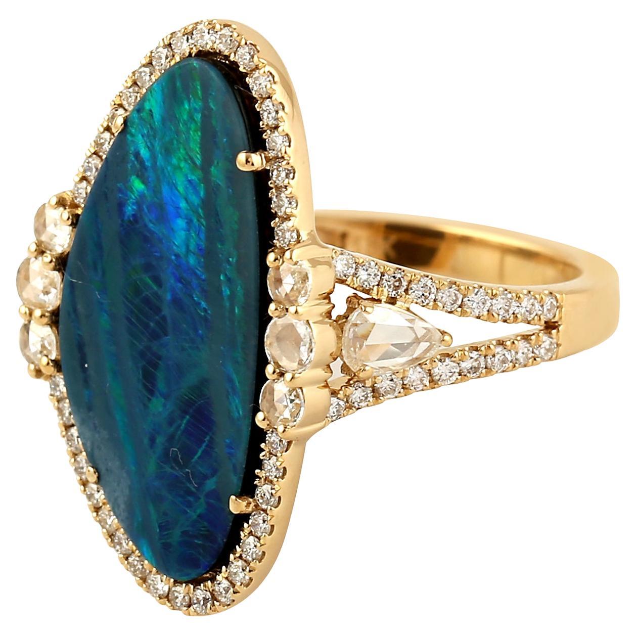 Opal & Diamond Ring With Rose Cut Diamond On Side Made in 18k Yellow Gold