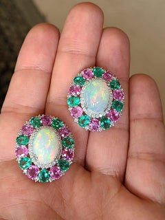 Natural Opal, Emerald and Pink Sapphire Studs Set in 18 Karat Gold with Diamonds