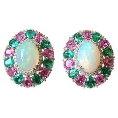 Natural Opal, Emerald and Pink Sapphire Studs Set in 18 Karat Gold with Diamonds