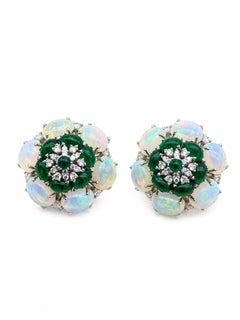 Natural Opal, Emerald, & Diamond Earring in 14k Gold