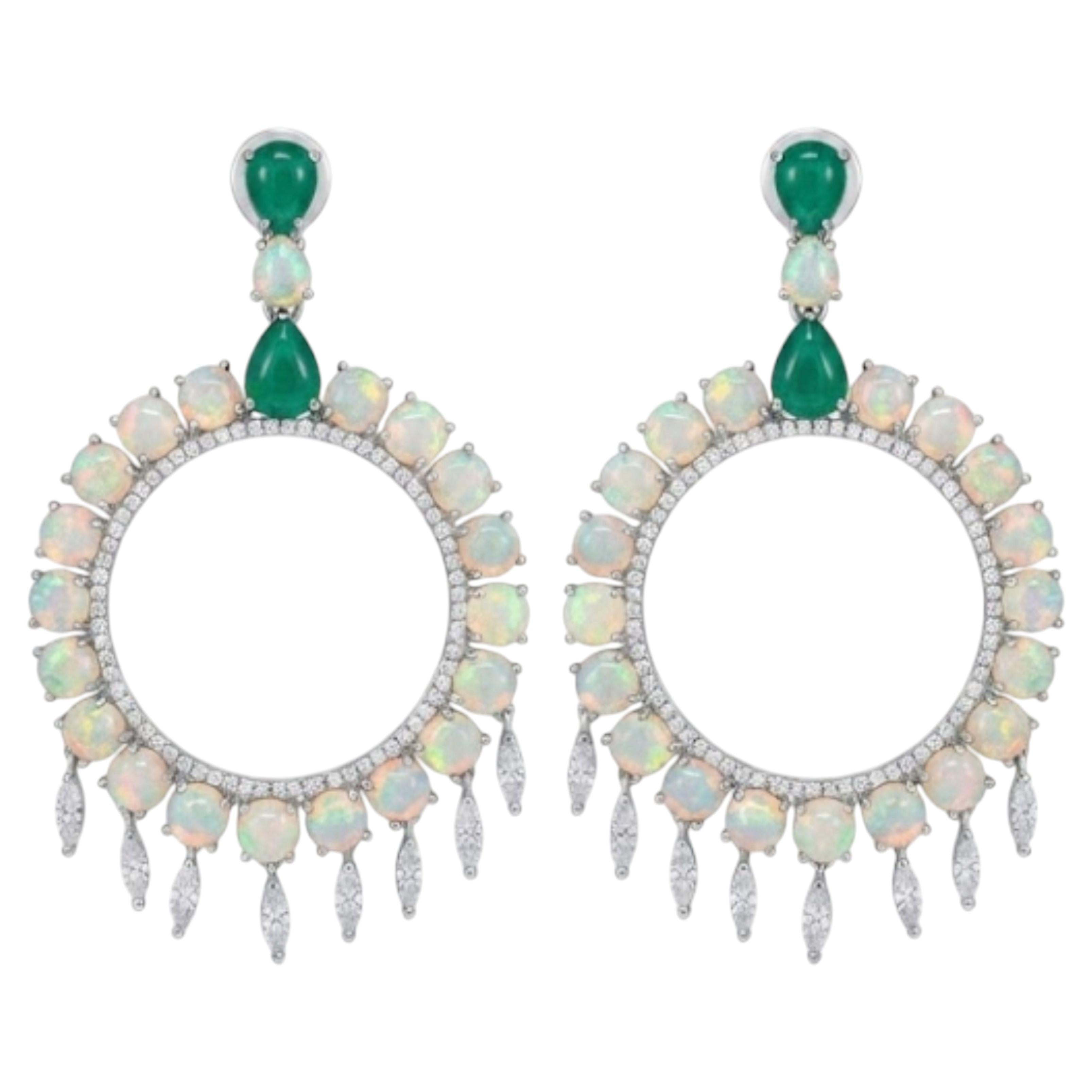 Natural Opal, Emerald, & Diamond Earring in 14k Gold For Sale