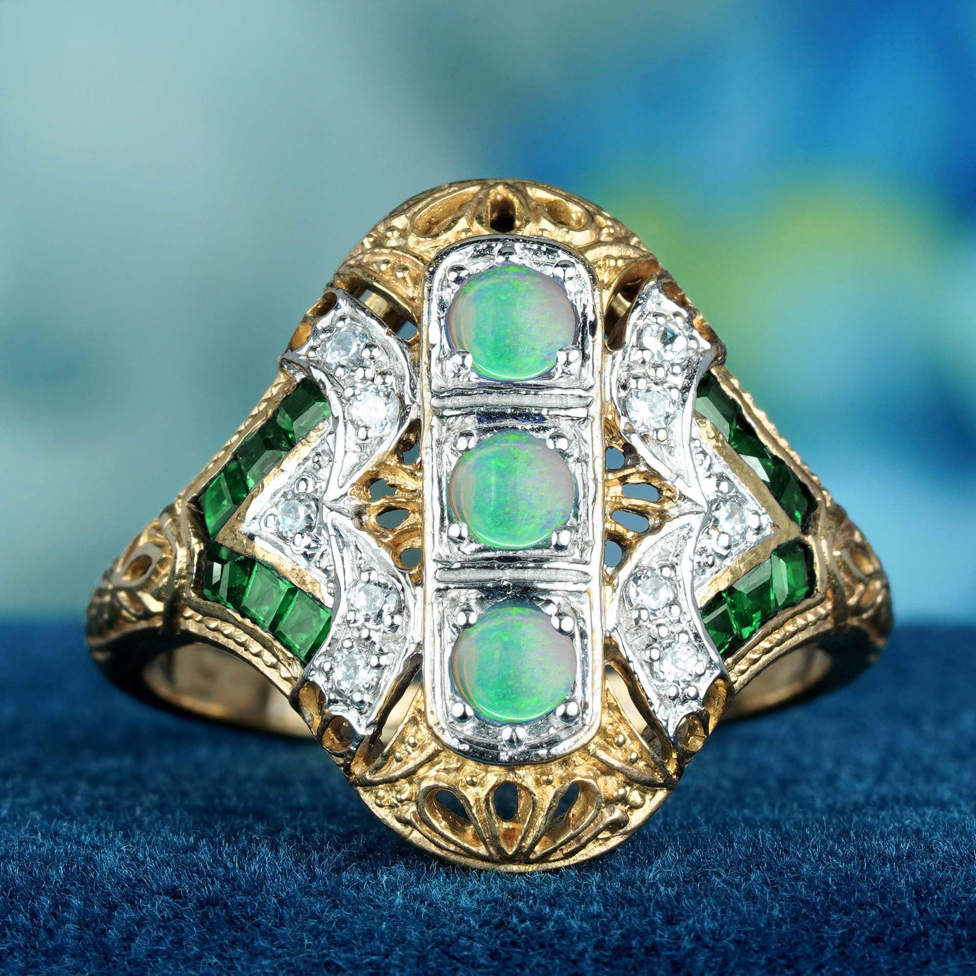 Ópalo natural Esmeralda Diamante Estilo Vintage Filigrana Anillo de Tres Piedras en Oro de 14K Eduardiano