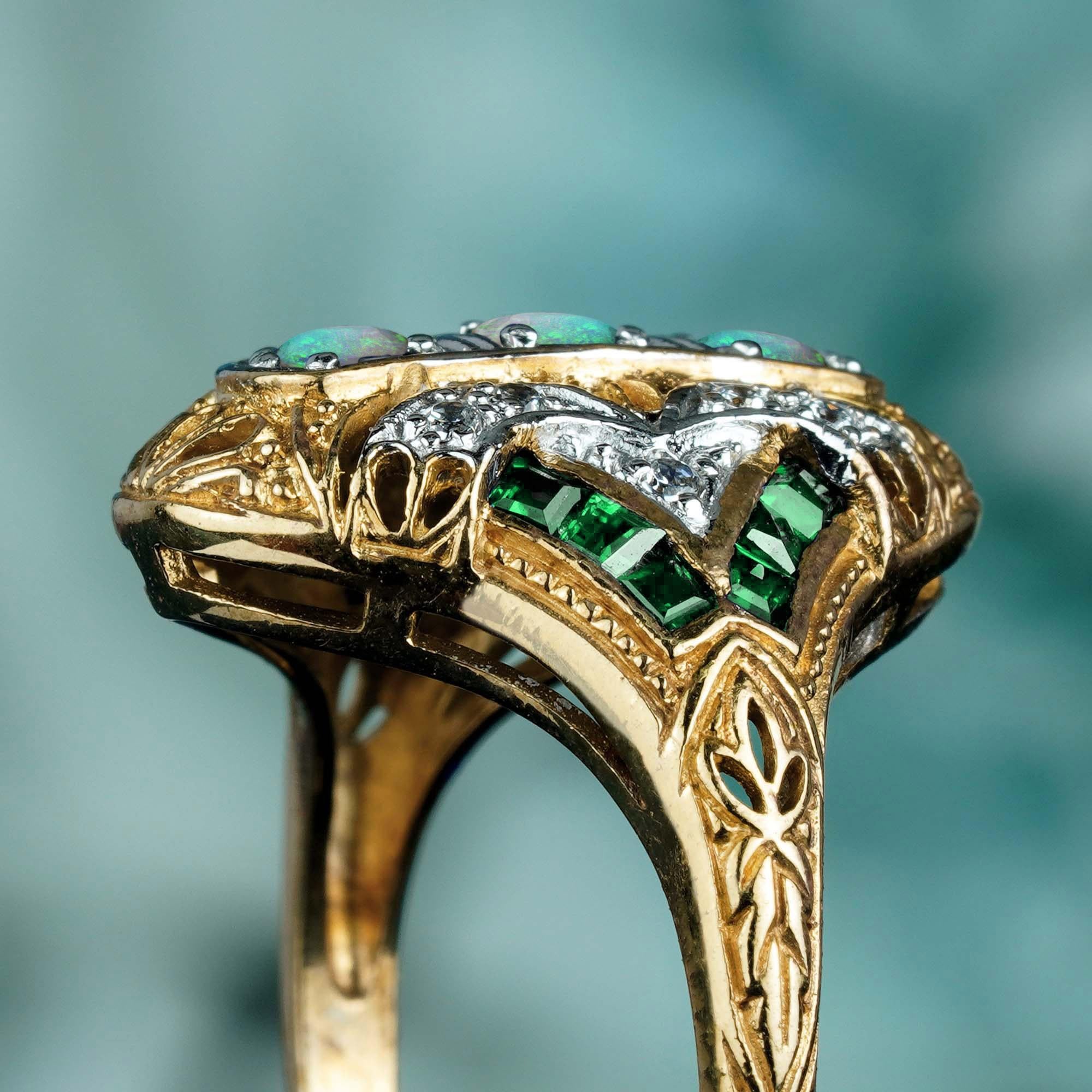 Natural Opal Emerald Diamond Vintage Style Filigree Three Stone Ring in 14K Gold In New Condition For Sale In Bangkok, TH