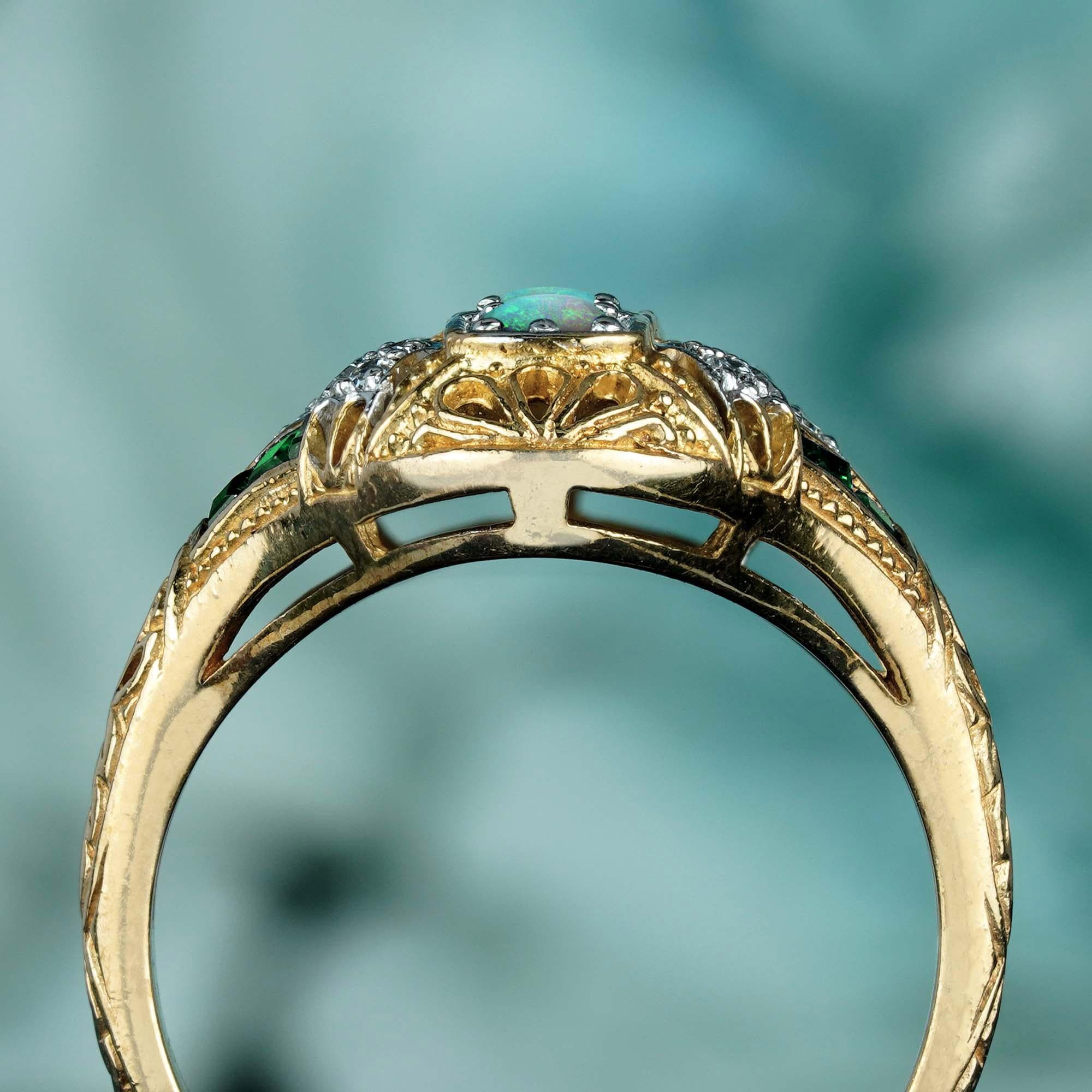 De las mujeres Ópalo natural Esmeralda Diamante Estilo Vintage Filigrana Anillo de Tres Piedras en Oro de 14K