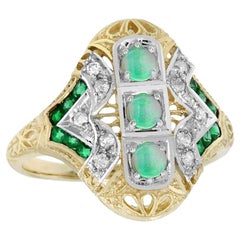 Ópalo natural Esmeralda Diamante Estilo Vintage Filigrana Anillo de Tres Piedras en Oro de 14K