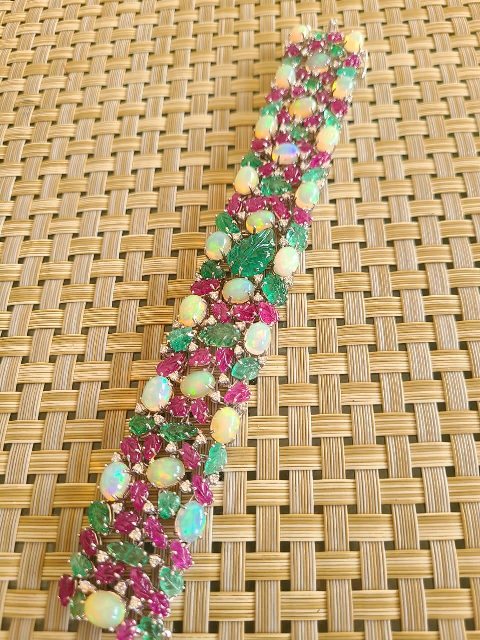Modern Natural Opal, Emerald, Ruby and Diamond Bracelet Set in 18 Karat Gold