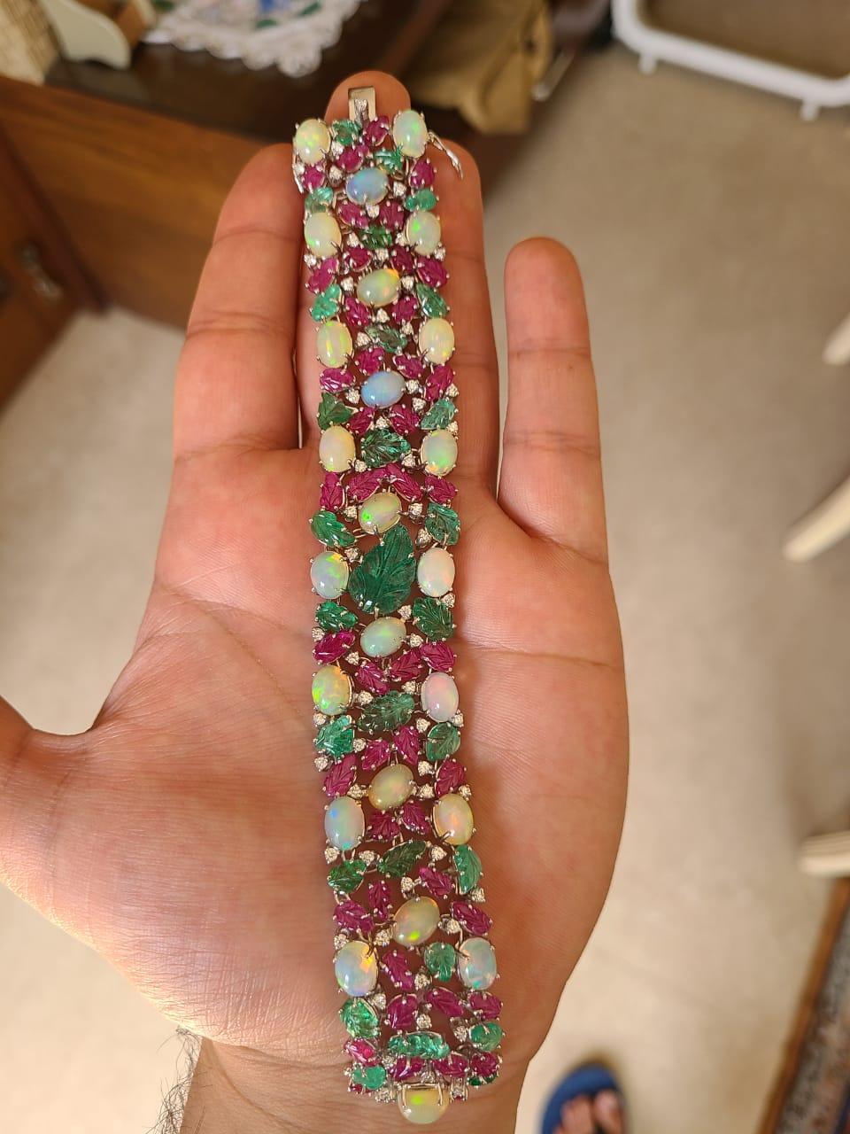 Cabochon Natural Opal, Emerald, Ruby and Diamond Bracelet Set in 18 Karat Gold