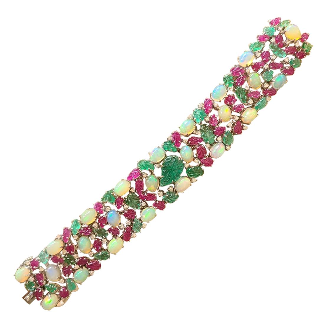 Natural Opal, Emerald, Ruby and Diamond Bracelet Set in 18 Karat Gold