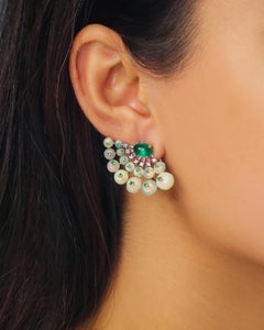 Natural Opal, Emerald, Tsavorite Gemstone & Diamond Earring in 14K Gold