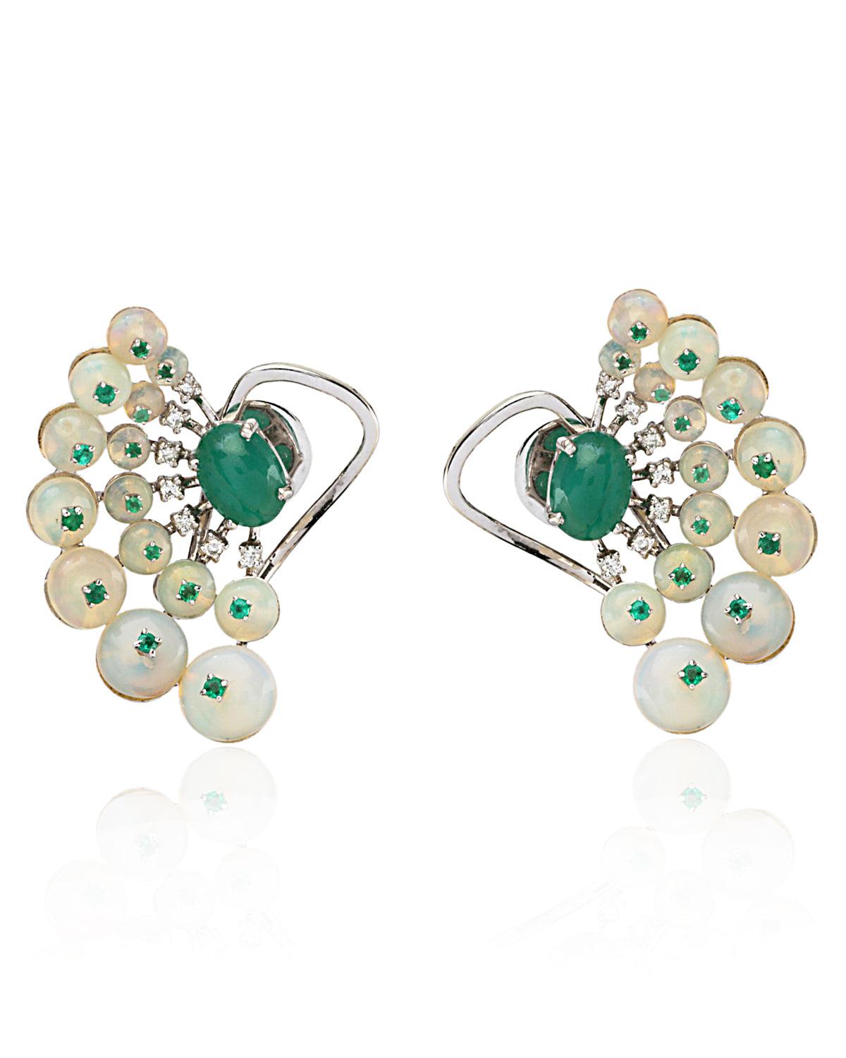 Boucles d'oreilles en or 14K - Opale Naturelle, Emeraude, Tsavorite Pour femmes en vente