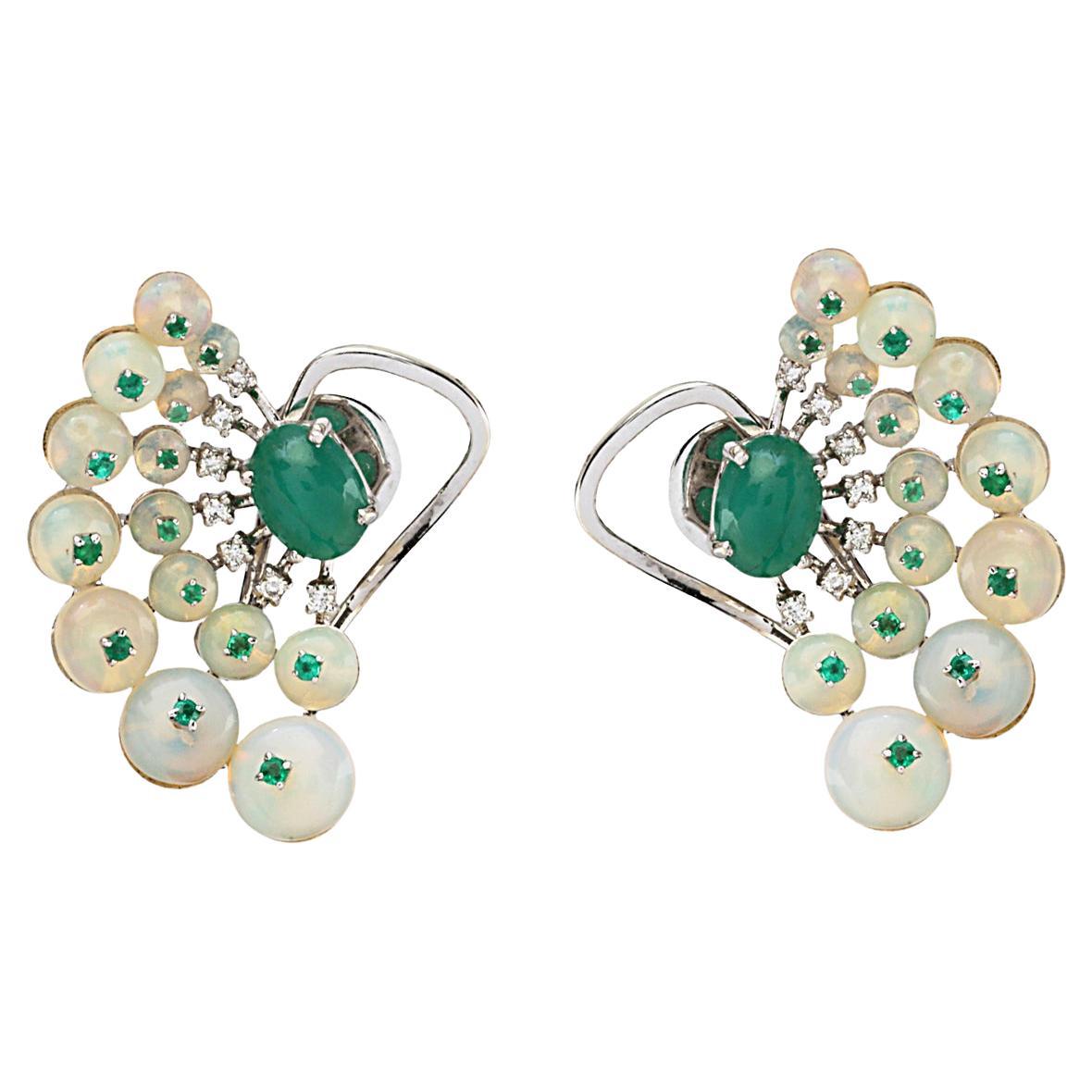 Natural Opal, Emerald, Tsavorite Gemstone Gold Earring 14K