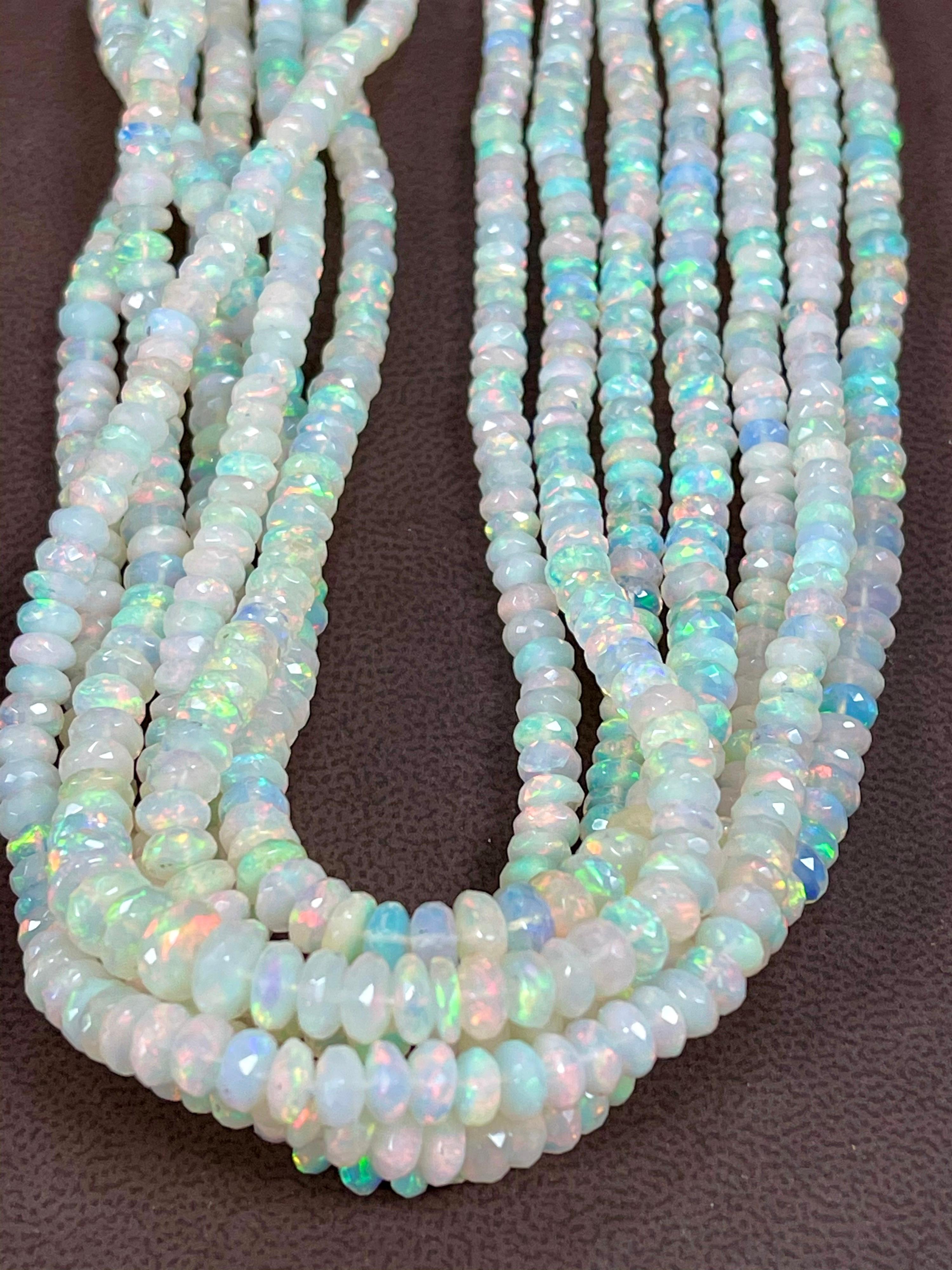Natural Opal Faceted Bead Single Strand Necklace on Sale 14 K Gold Lobster Clasp In Excellent Condition For Sale In New York, NY