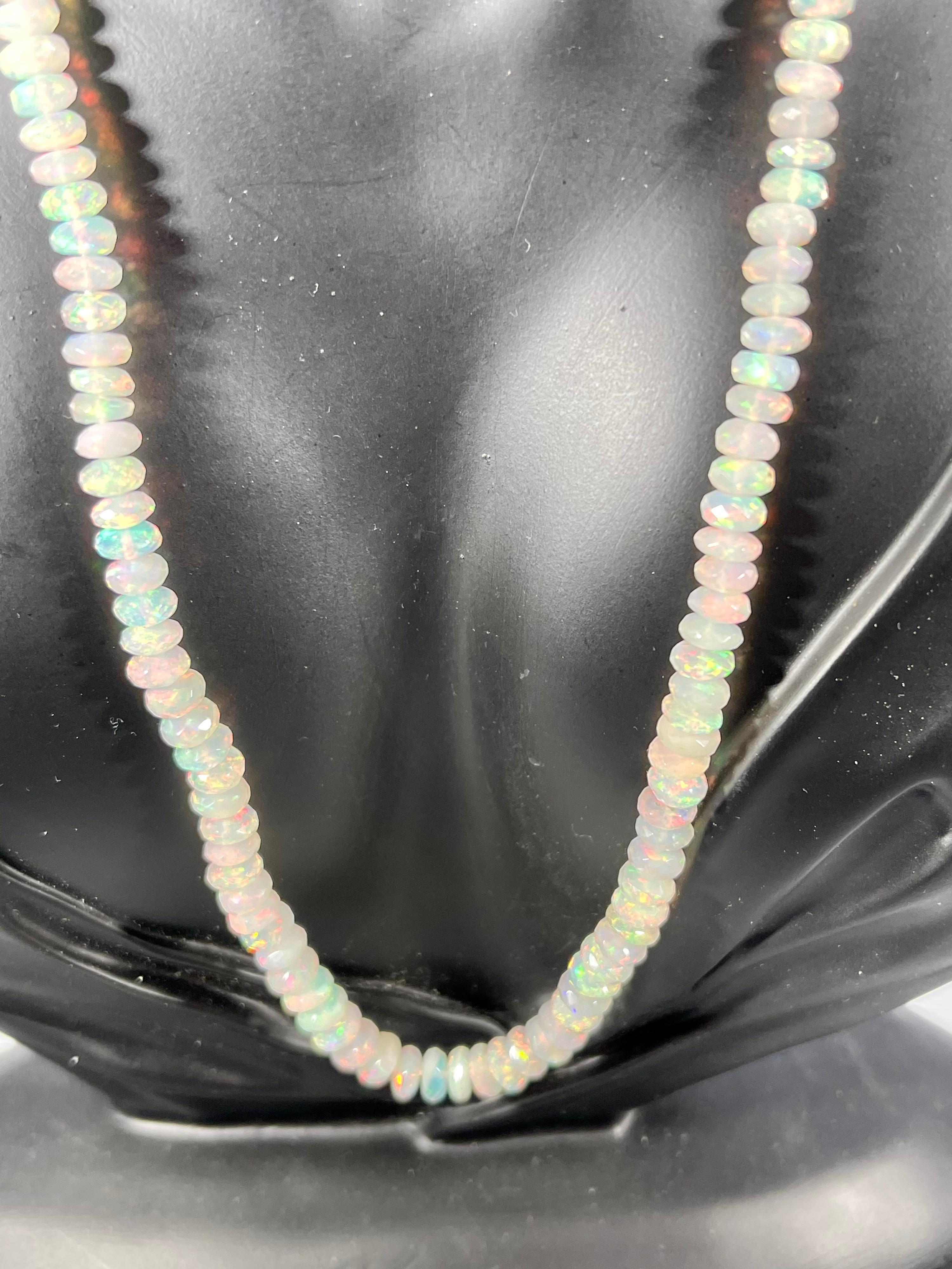 Natural Opal Faceted Bead Single Strand Necklace on Sale 14 K Gold Lobster Clasp In Excellent Condition For Sale In New York, NY