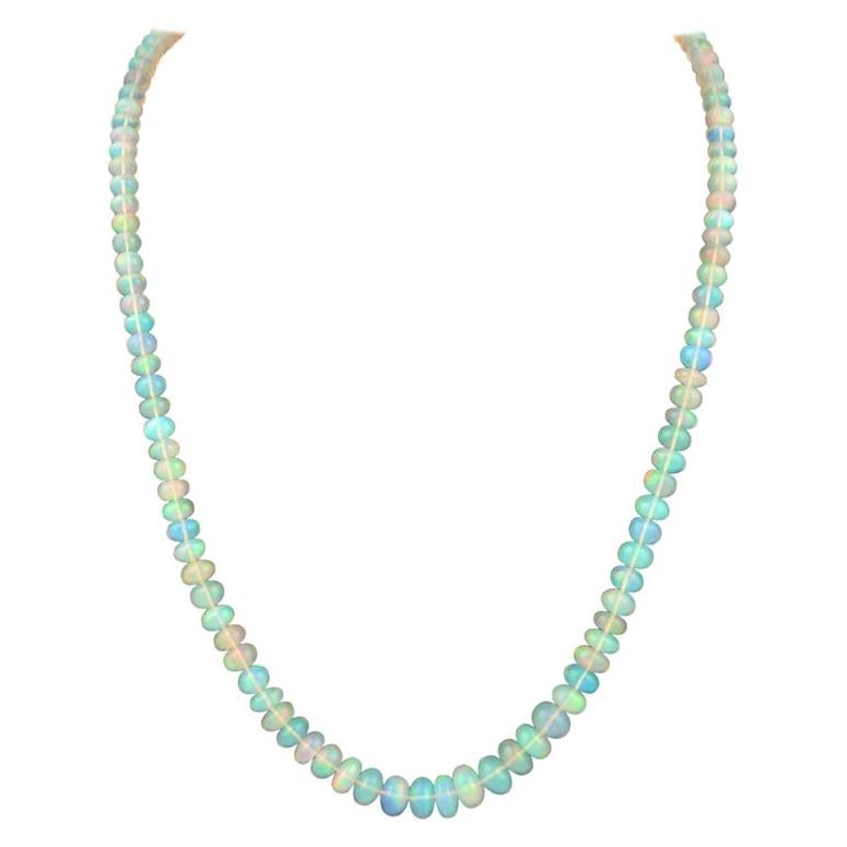 Natural Opal Faceted Bead Single Strand Necklace on Sale 14 K Gold Lobster Clasp For Sale