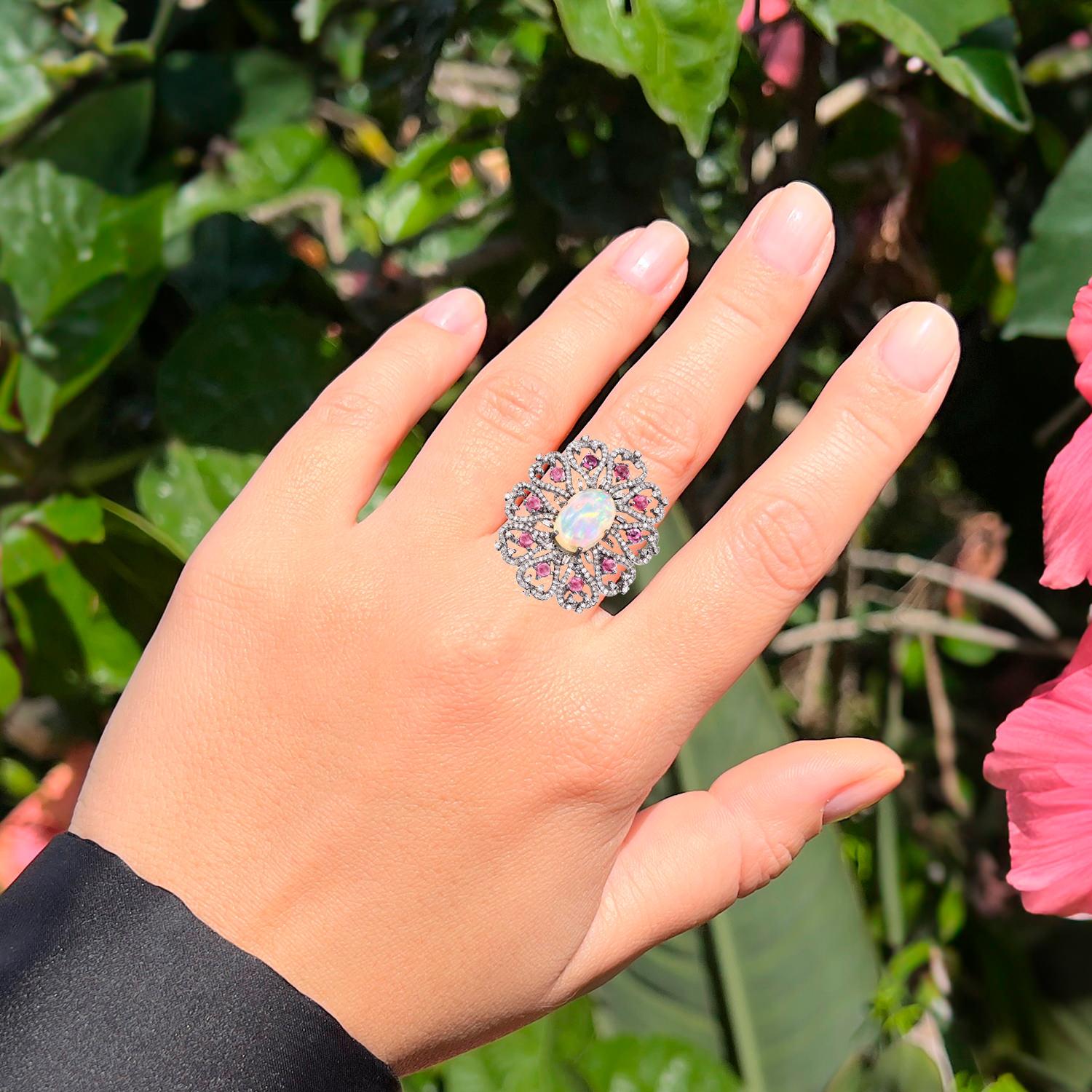 Contemporary Natural Opal Floral Cocktail Ring Pink Tourmalines Diamonds 7.9 Carats For Sale
