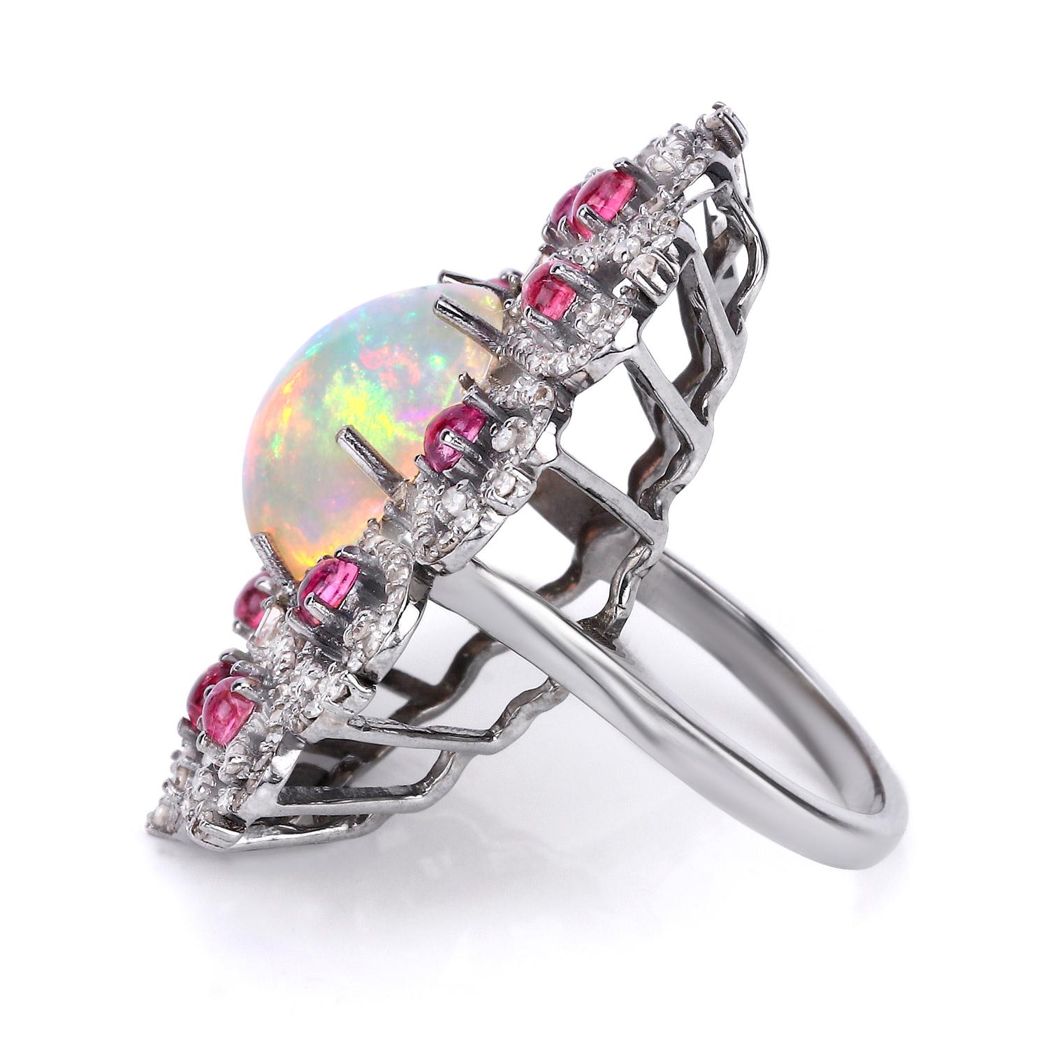 Natural Opal Floral Cocktail Ring Pink Tourmalines Diamonds 7.9 Carats In Excellent Condition For Sale In Laguna Niguel, CA