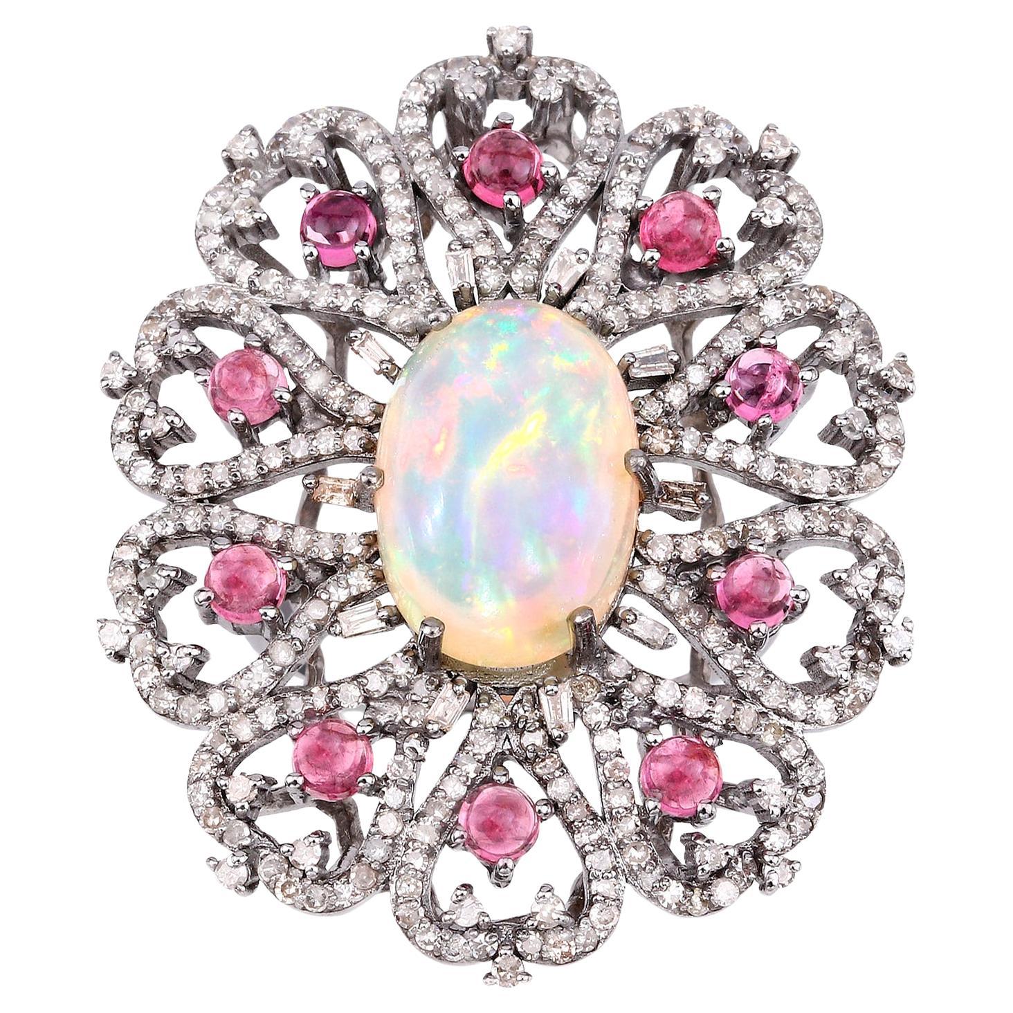Natural Opal Floral Cocktail Ring Pink Tourmalines Diamonds 7.9 Carats For Sale