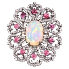 Natural Opal Floral Cocktail Ring Pink Tourmalines Diamonds 7.9 Carats