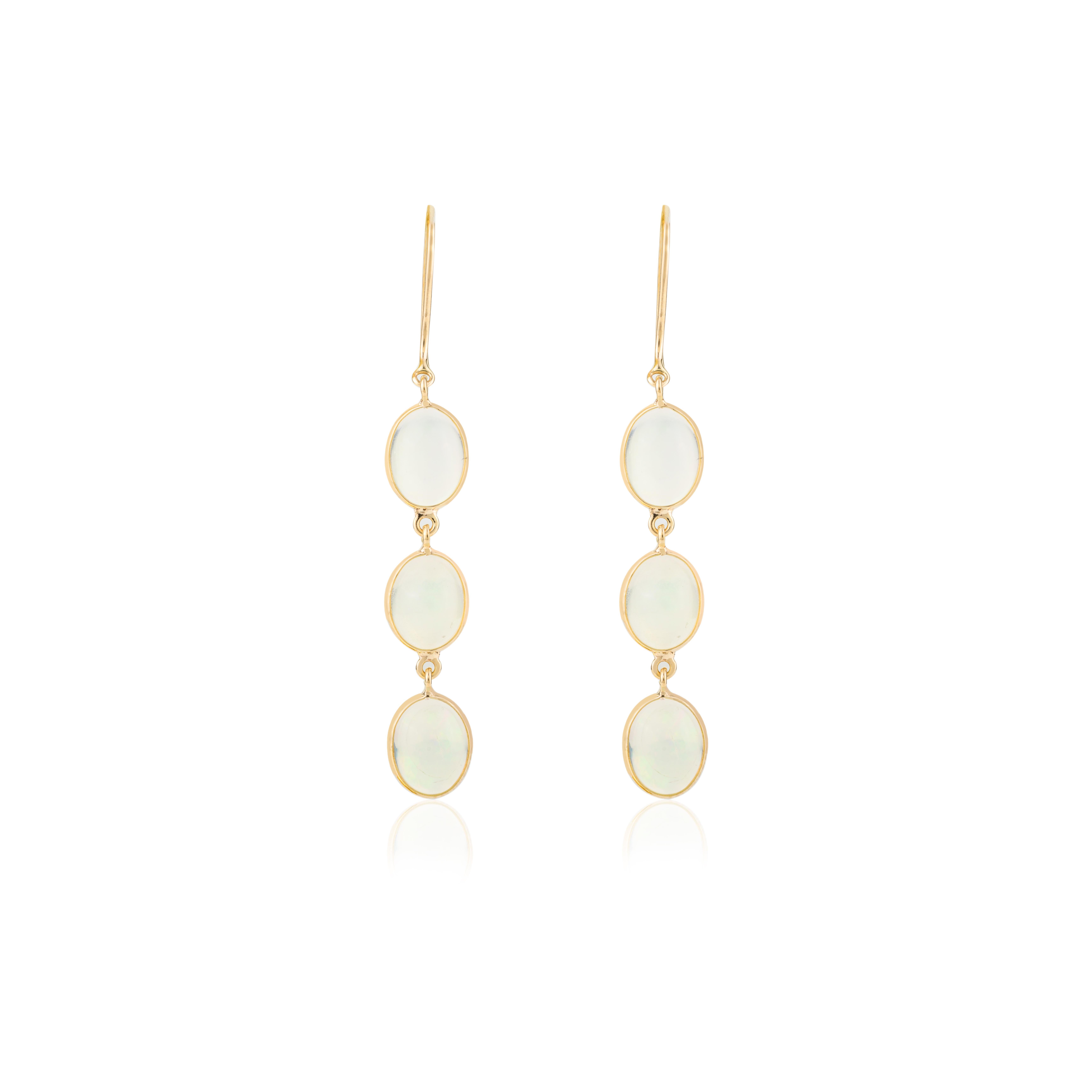 Contemporary Natural Opal Gemstone Drop Earrings in 18k Solid Yellow Gold for Women For Sale