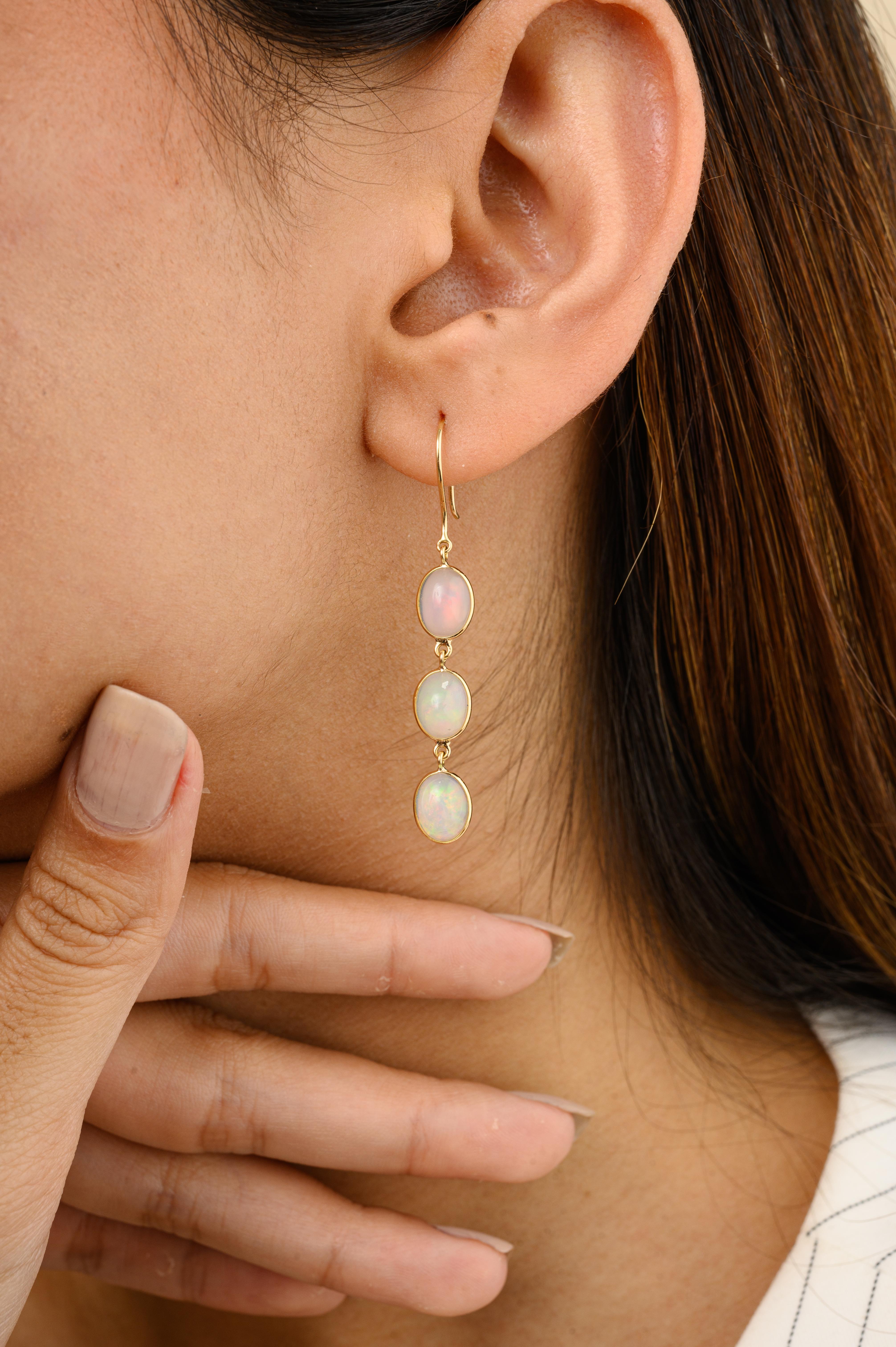 Oval Cut Natural Opal Gemstone Drop Earrings in 18k Solid Yellow Gold for Women For Sale