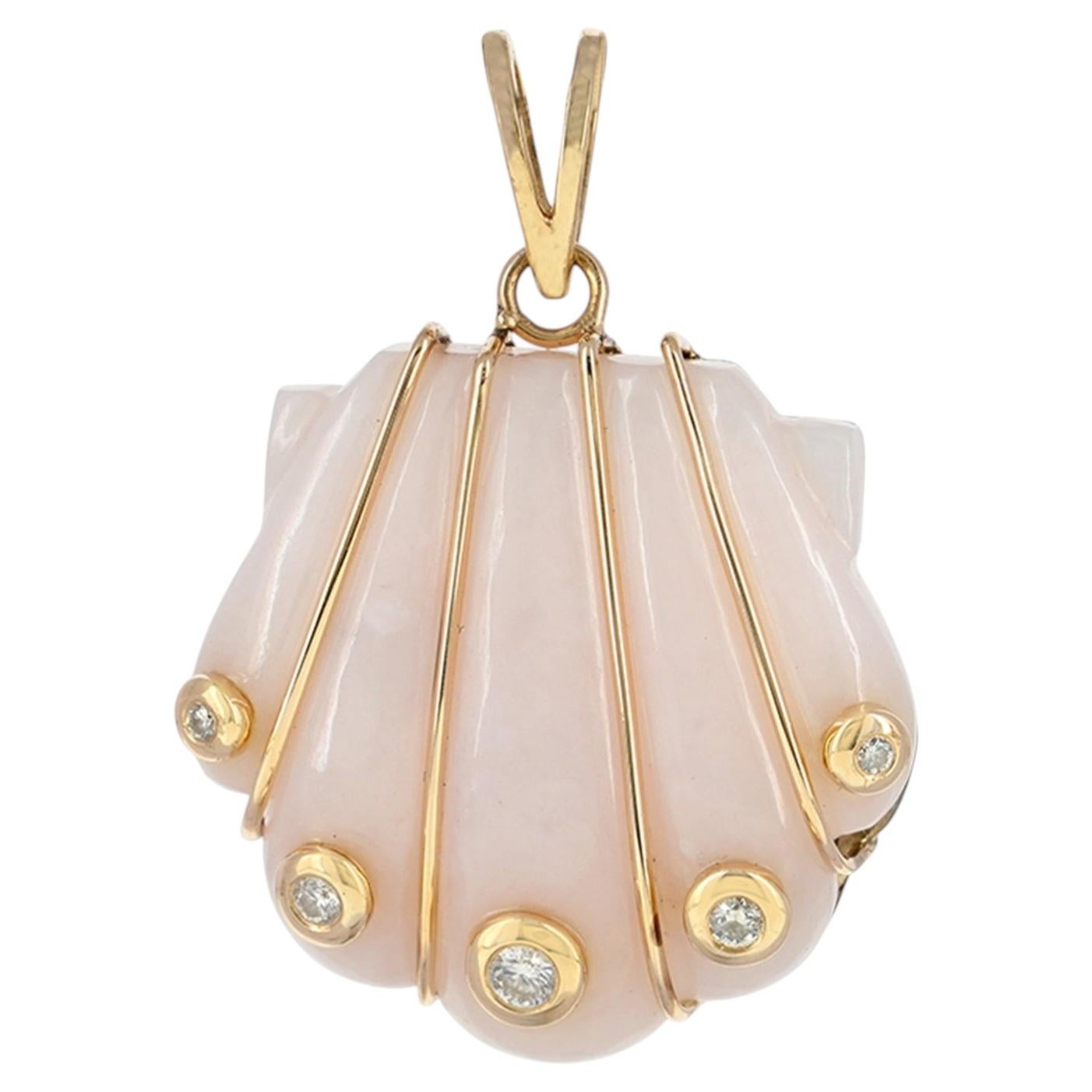 Natural Opal Gemstone Shell Charm Solid 14k Yellow Gold Genuine Diamond Pendant