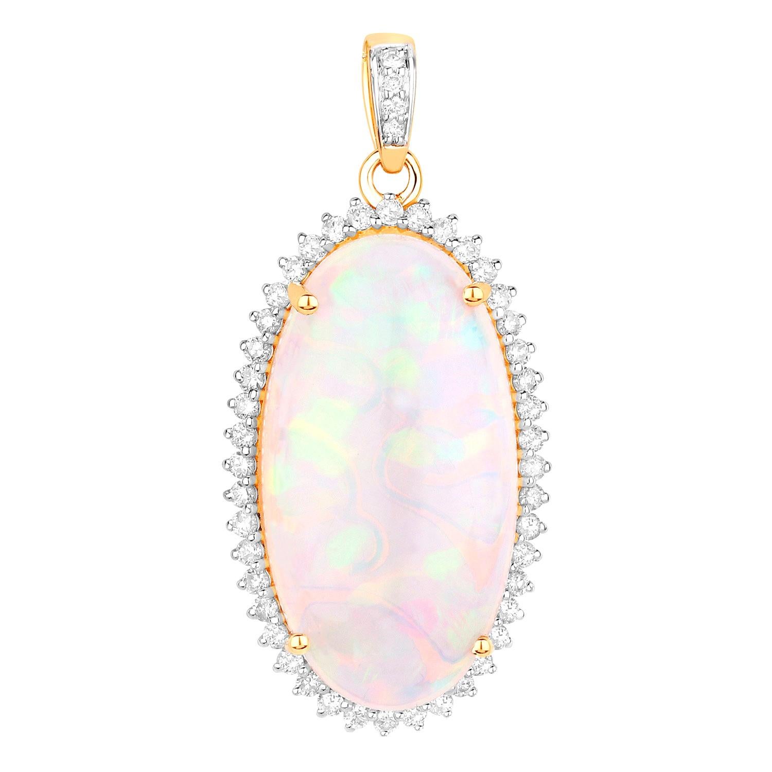 Cabochon Natural Opal Pendant Necklace Diamond Setting  11.68 Carats 14K Yellow Gold For Sale