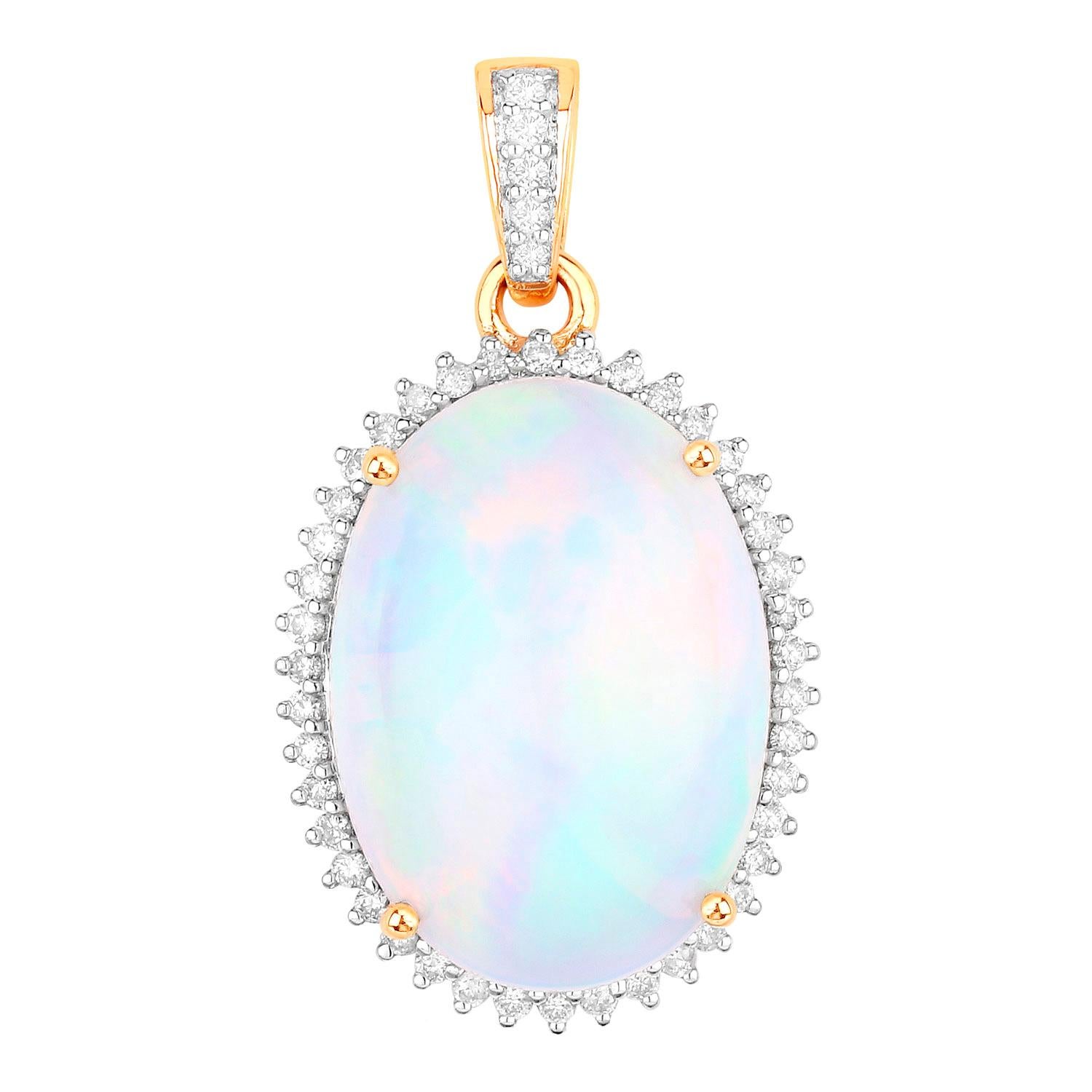 Cabochon Natural Opal Pendant Necklace Diamond Setting 7.08 Carats 14K Yellow Gold For Sale