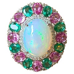 Natural Opal, Pink Sapphire and Emerald Ring Set in 18 Karat Gold with Diamonds