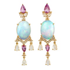 Natural Opal Pink Sapphire Diamond Chandelier Drop Earrings 18k Yellow Gold