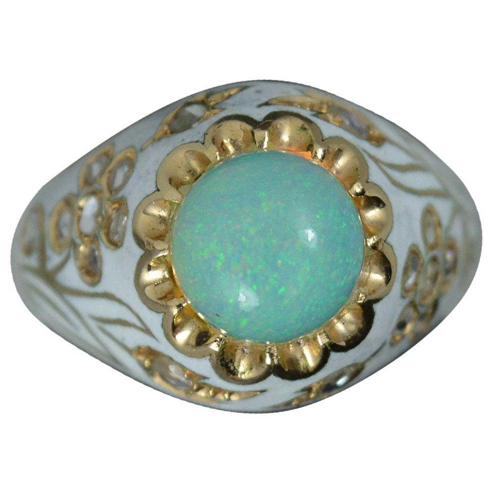 Natural Opal Rose Cut Diamond and White Enamel 18 Carat Gold Ring