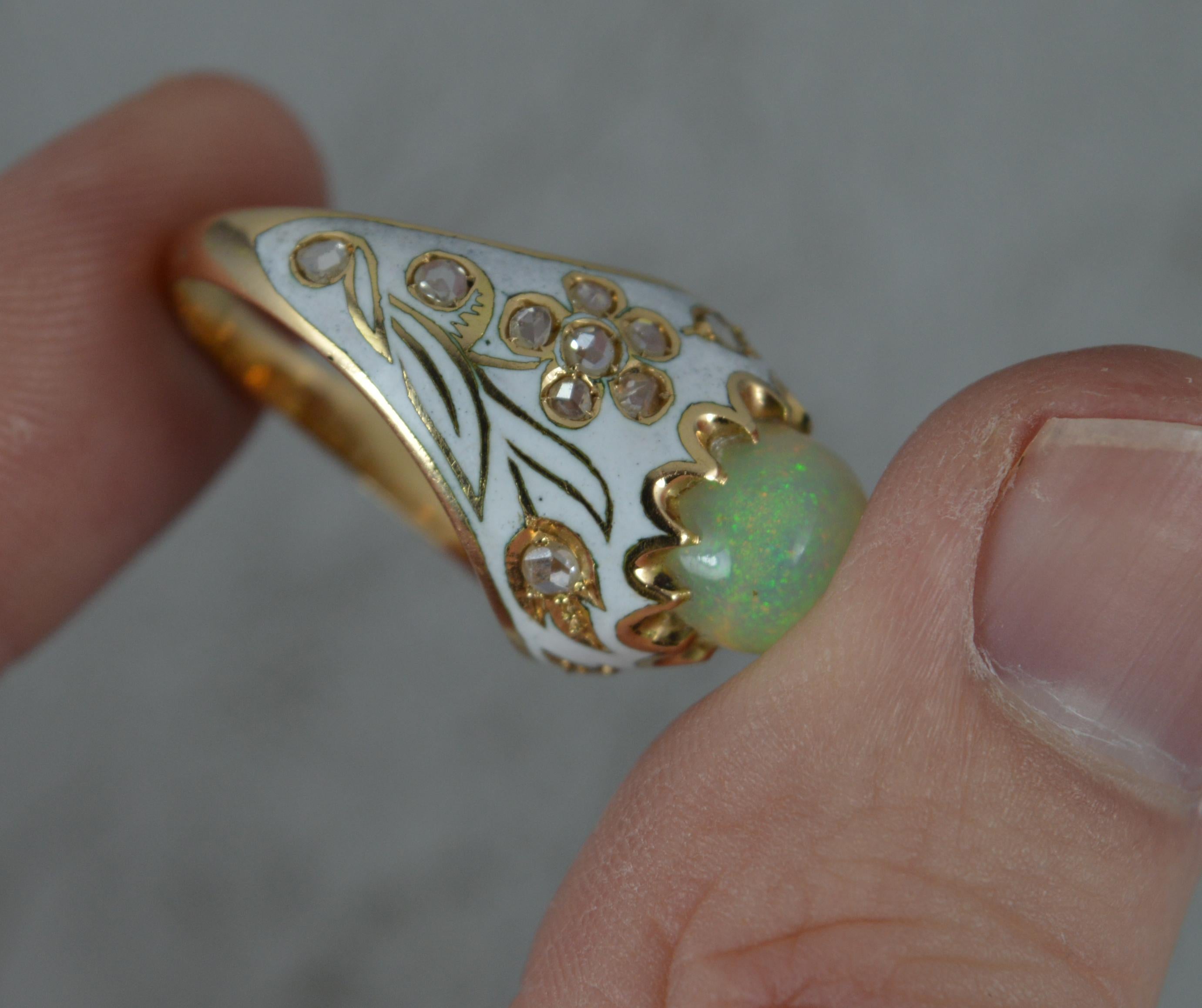 Natural Opal Rose Cut Diamond and White Enamel 18 Carat Gold Ring 6