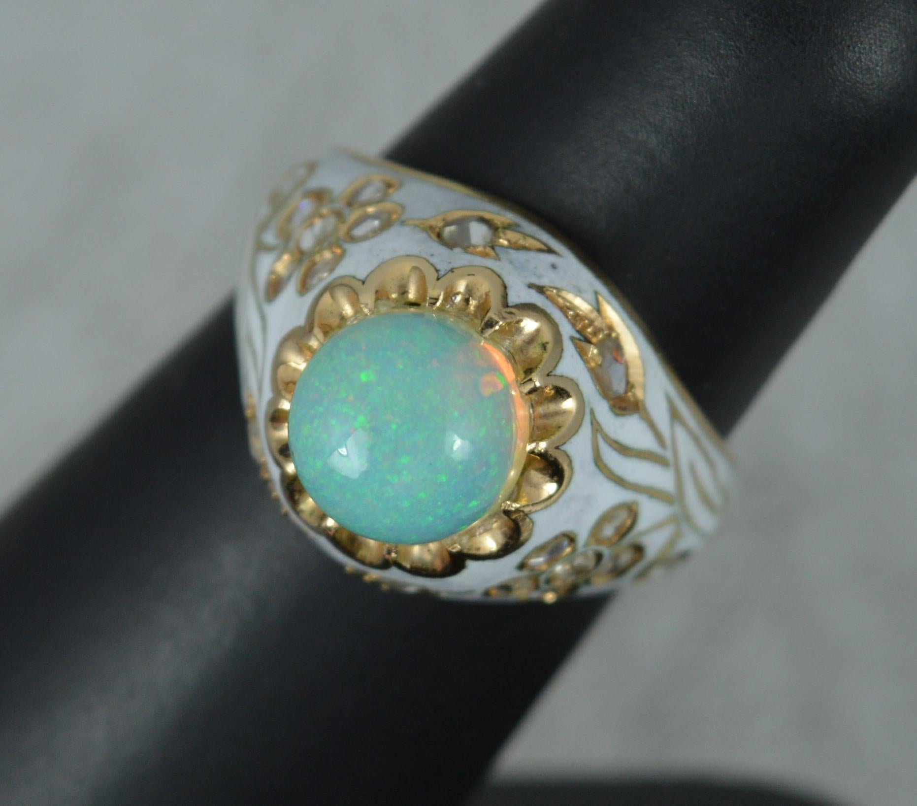 Natural Opal Rose Cut Diamond and White Enamel 18 Carat Gold Ring 7