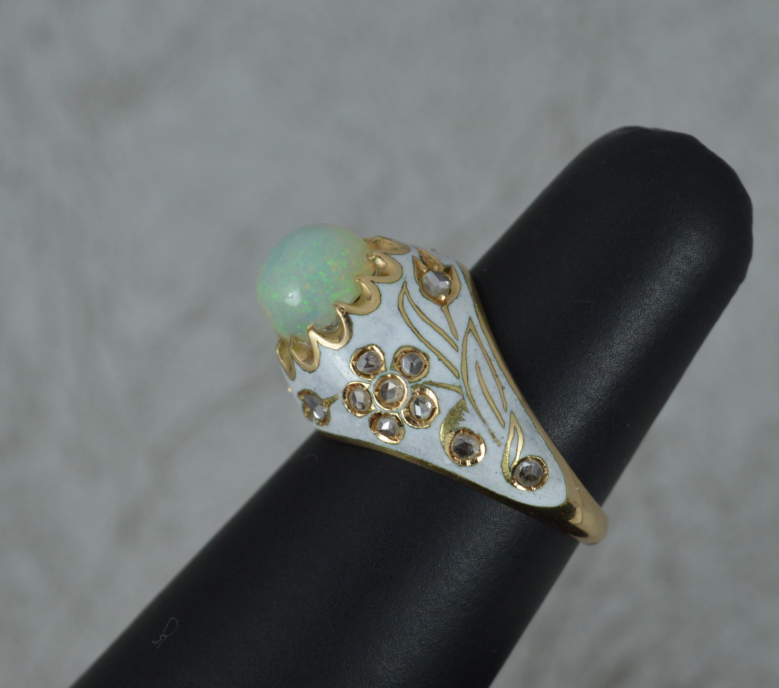 Natural Opal Rose Cut Diamond and White Enamel 18 Carat Gold Ring 9