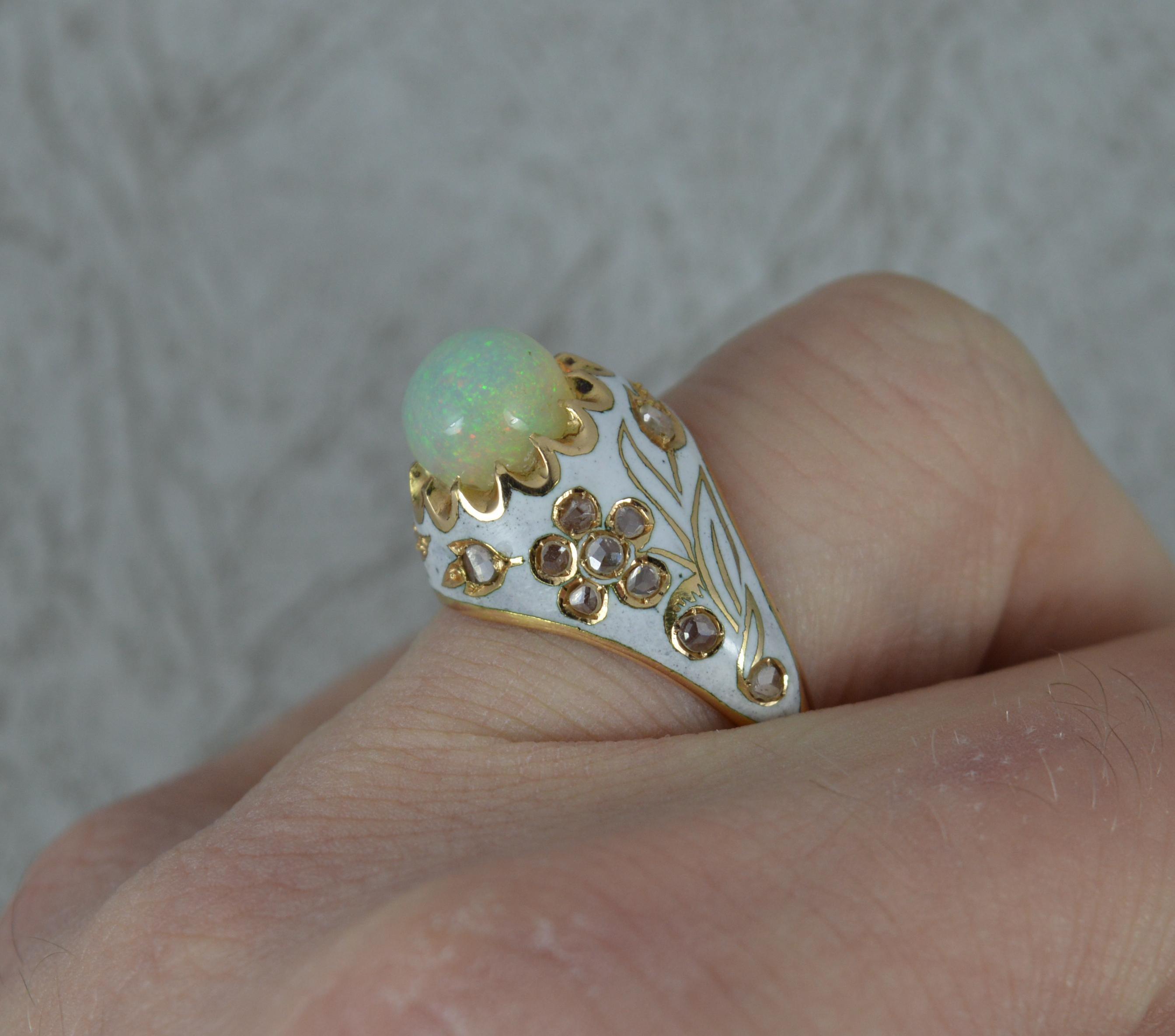 Victorian Natural Opal Rose Cut Diamond and White Enamel 18 Carat Gold Ring