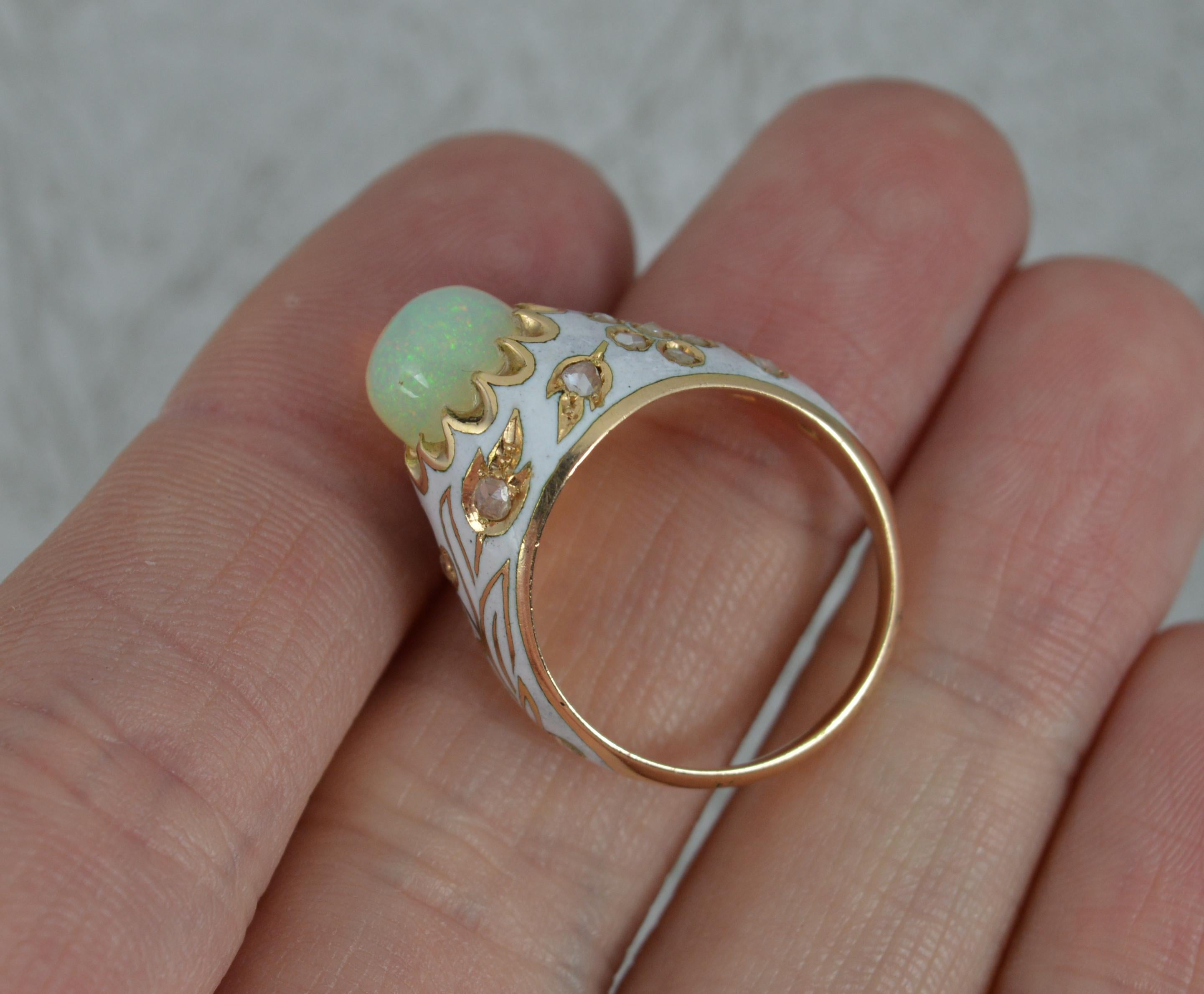 Cabochon Natural Opal Rose Cut Diamond and White Enamel 18 Carat Gold Ring