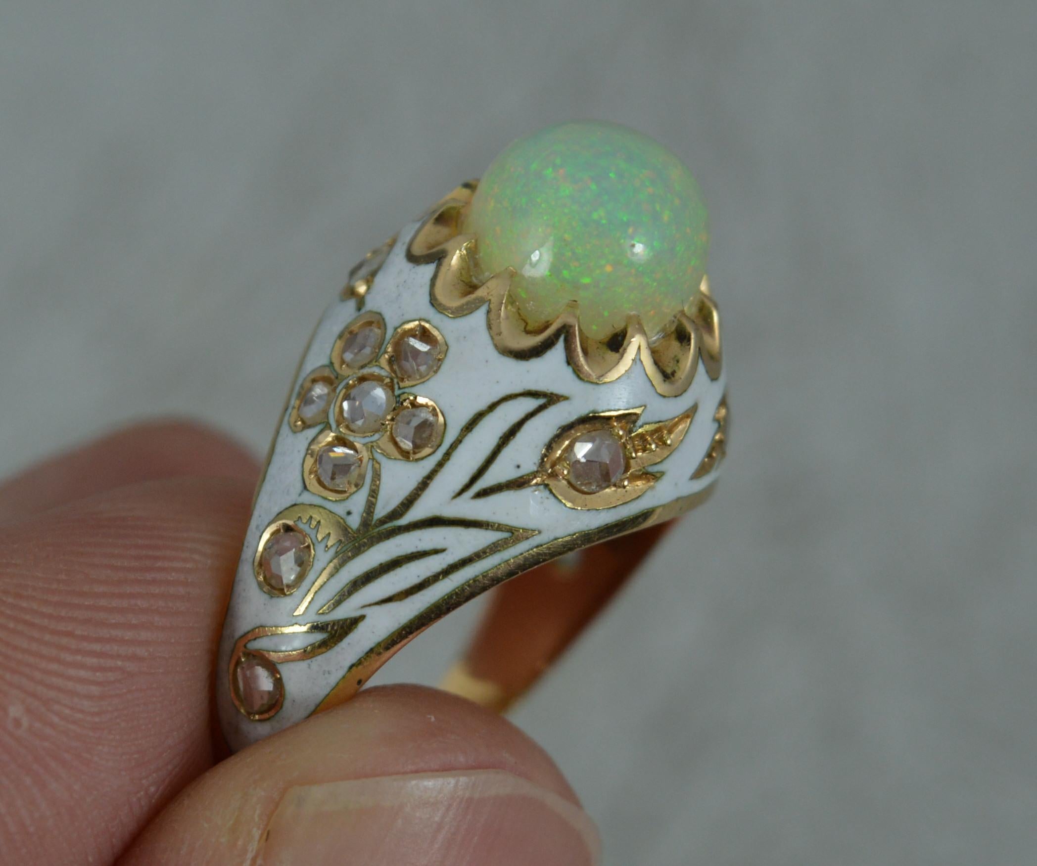 Natural Opal Rose Cut Diamond and White Enamel 18 Carat Gold Ring In Excellent Condition In St Helens, GB