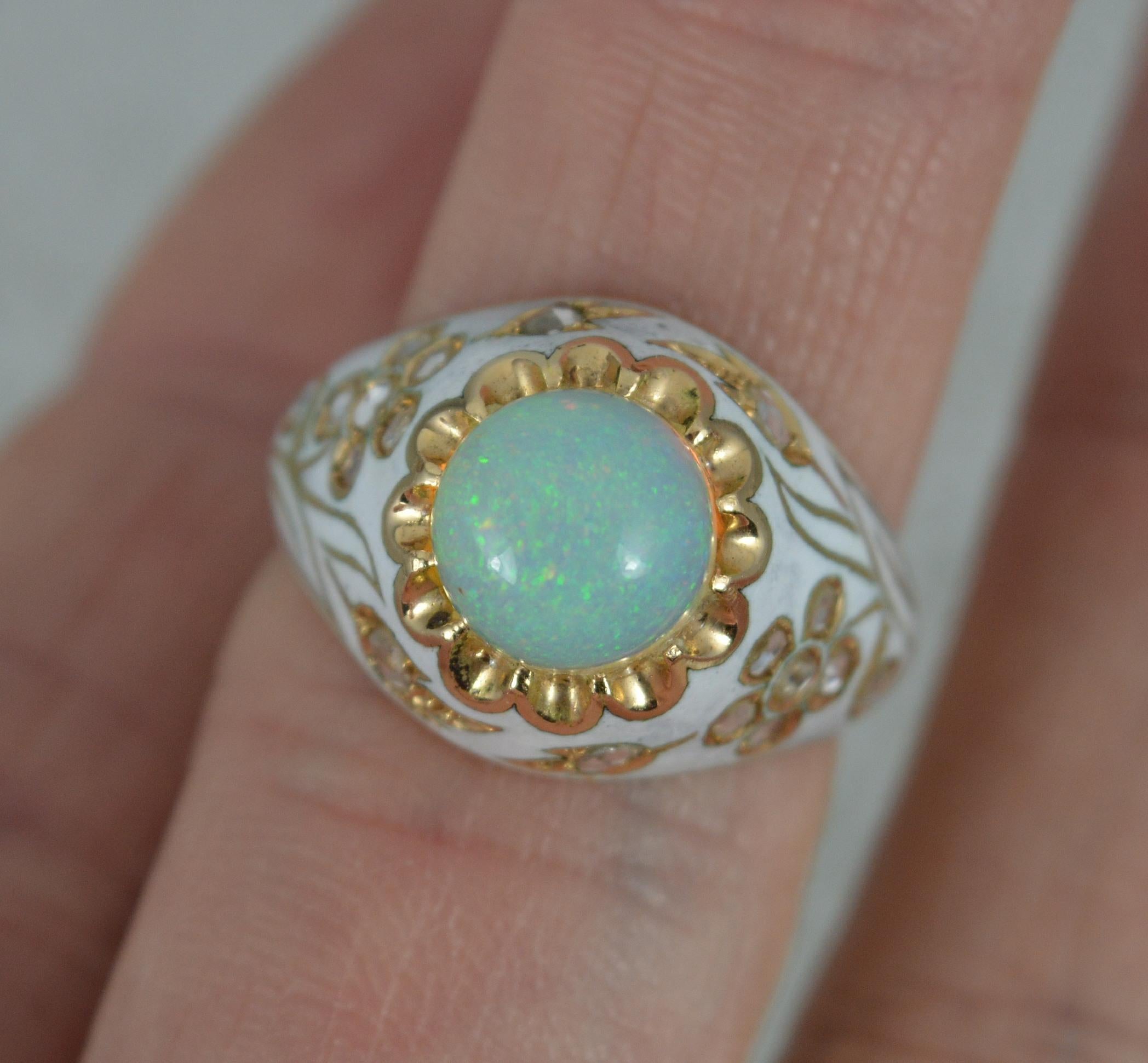 Natural Opal Rose Cut Diamond and White Enamel 18 Carat Gold Ring 2