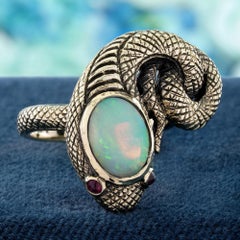Natural Opal Ruby Cabochon Serpent Statement Ring in Solid 9K Yellow Gold