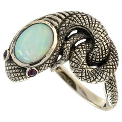 Natural Opal Ruby Cabochon Serpent Statement Ring in Solid 9K Yellow Gold