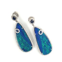 Natural Opal, Sapphire, and Diamond Dangling Earrings